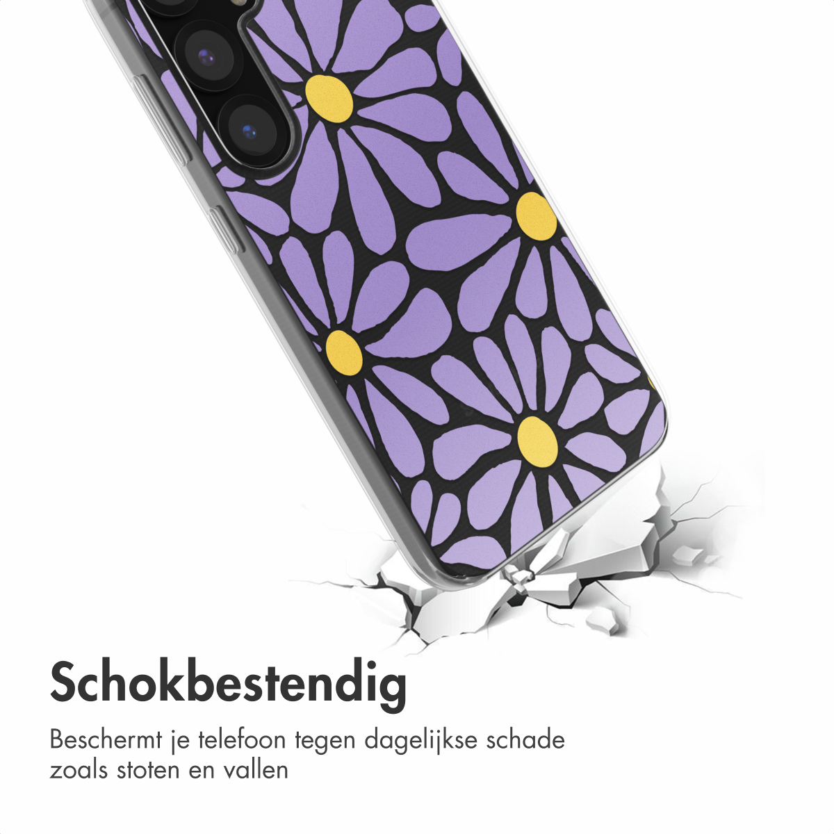 Téléphone avec coque marguerite sur surface fissurée. La coque a un motif floral.
