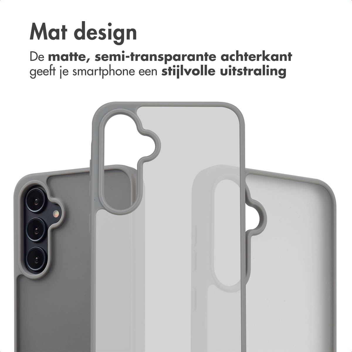 Trois coques de téléphone grises. Une semi-transparente, les autres solides. Le texte 'Mat design' est en haut.