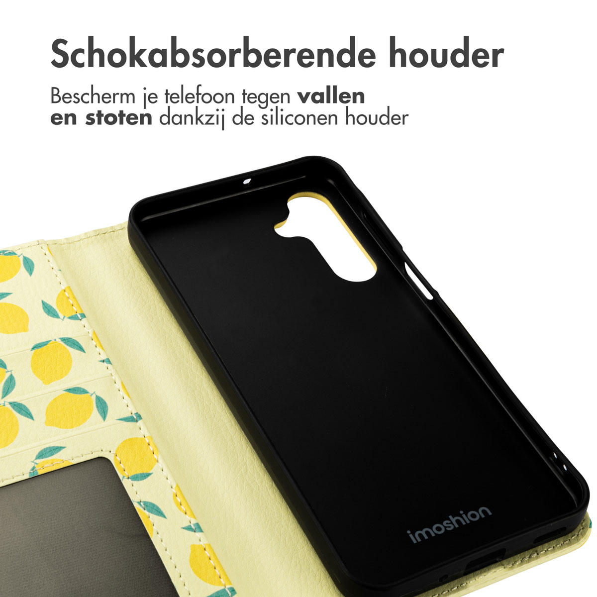 Gele hoes met citroenpatroon, open om een zwarte telefoonhoes te onthullen. Tekst: Schokabsorberende houder (Schokabsorberende houder).