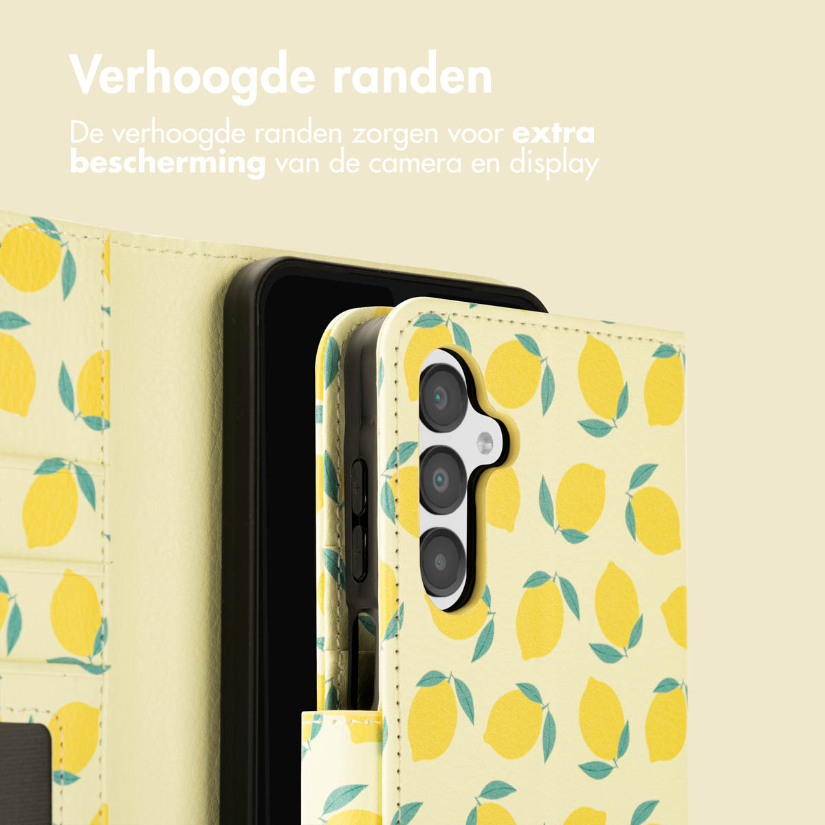 Telefoonhoesje met gele citroenen. Tekst: Verhoogde randen.