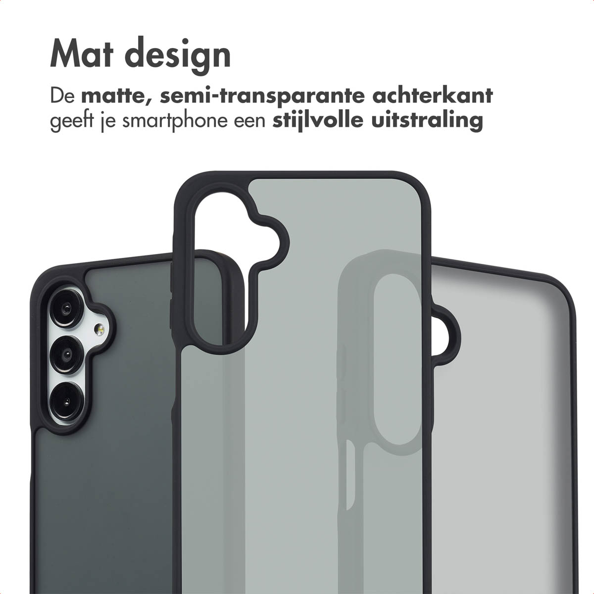 Trois coques de téléphone dans différentes nuances de gris, design mat, avec un téléphone à l'intérieur.