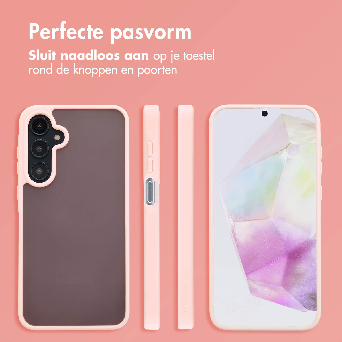 Roze telefoonhoesje met telefoon, toont zijaanzichten.