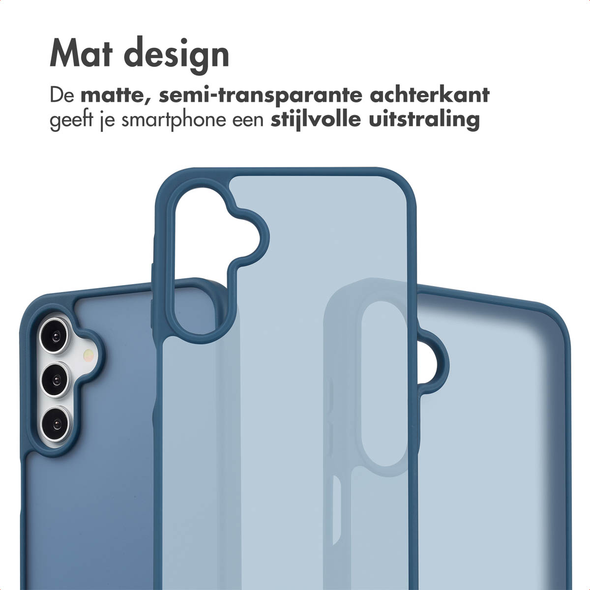 Blauw telefoonhoesje met meerdere telefoons, die het ontwerp laten zien.