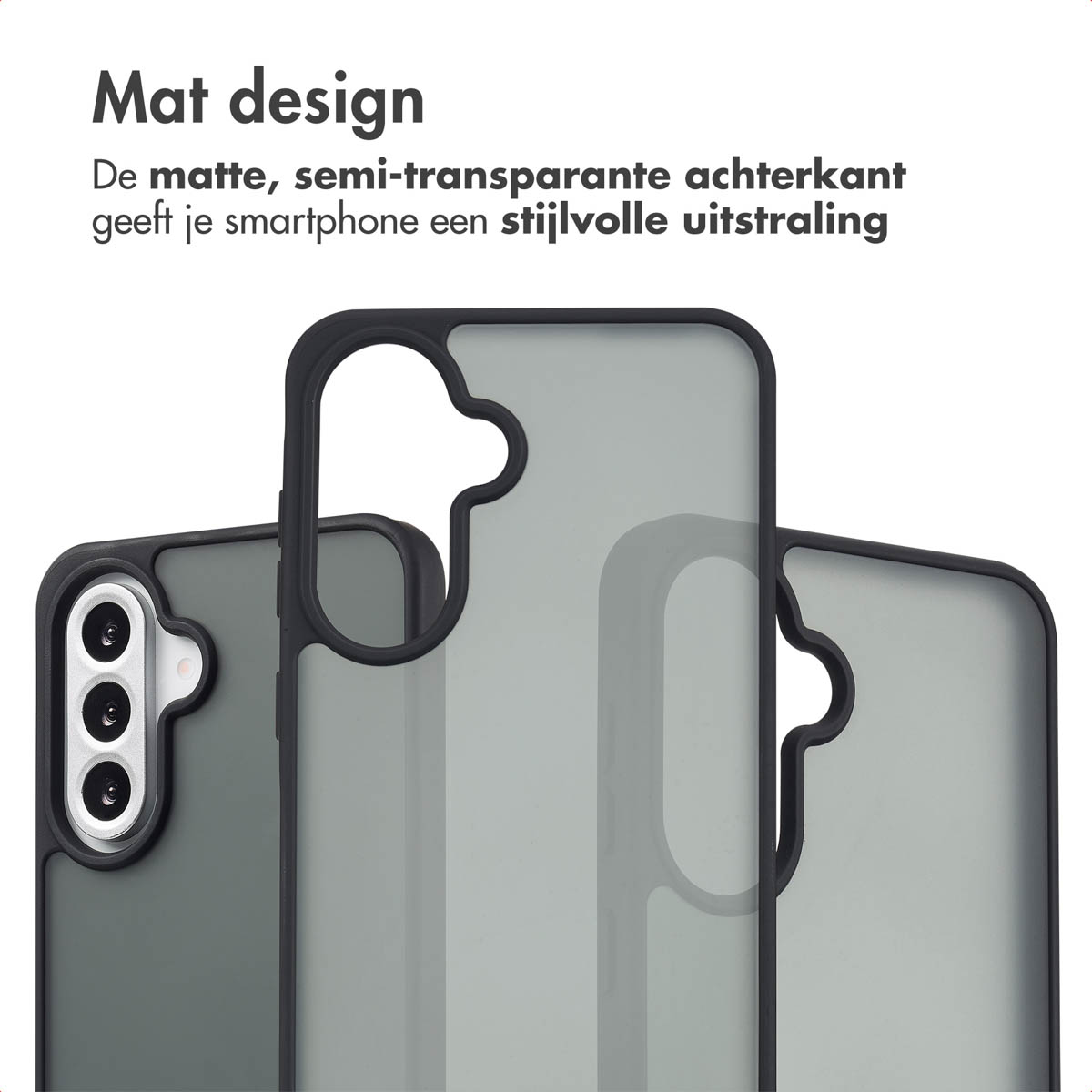 Drie telefoonhoesjes met een matte, transparante achterkant, met de camera van de telefoon zichtbaar.