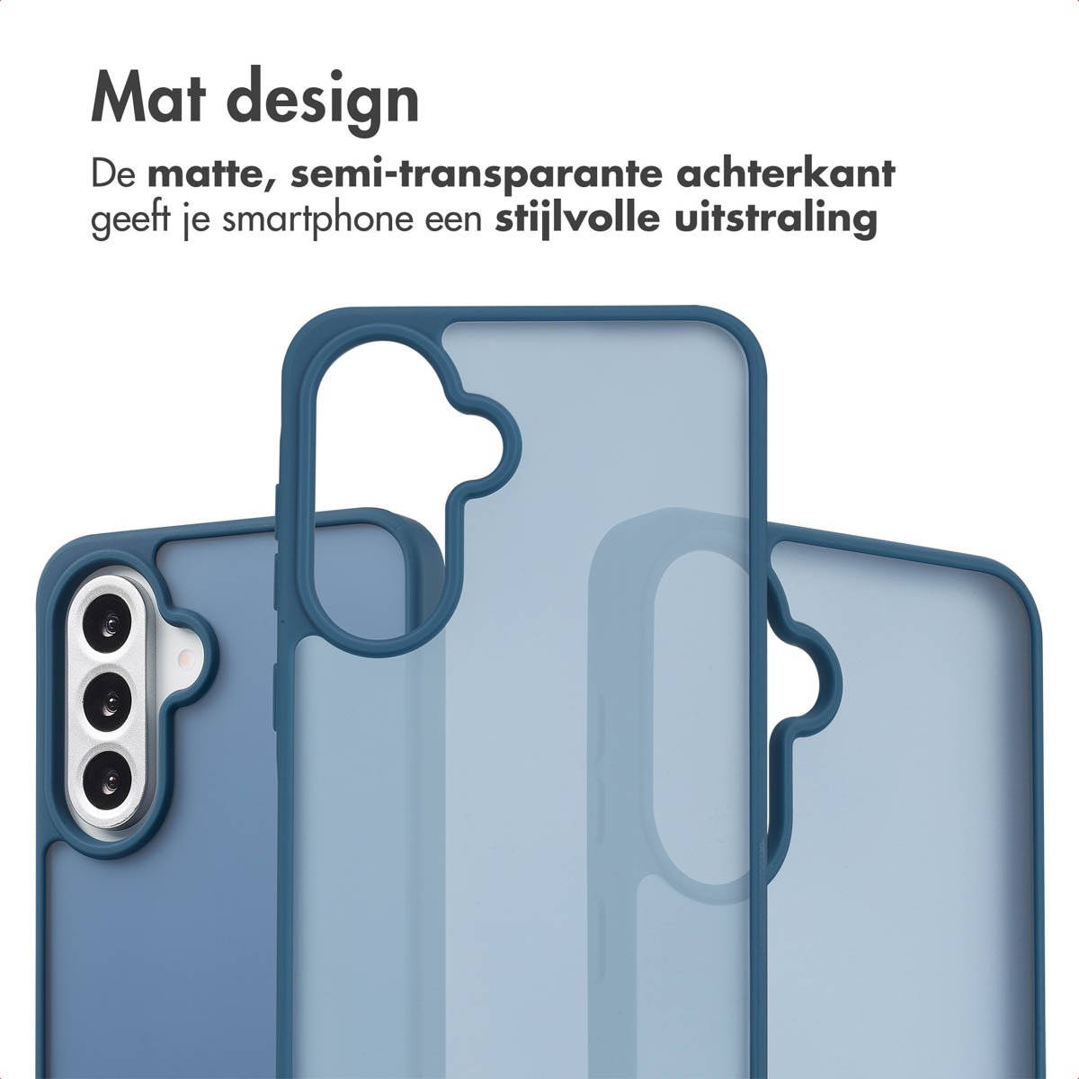 Drie telefoonhoesjes in blauw. De telefoonhoes is mat en transparant.