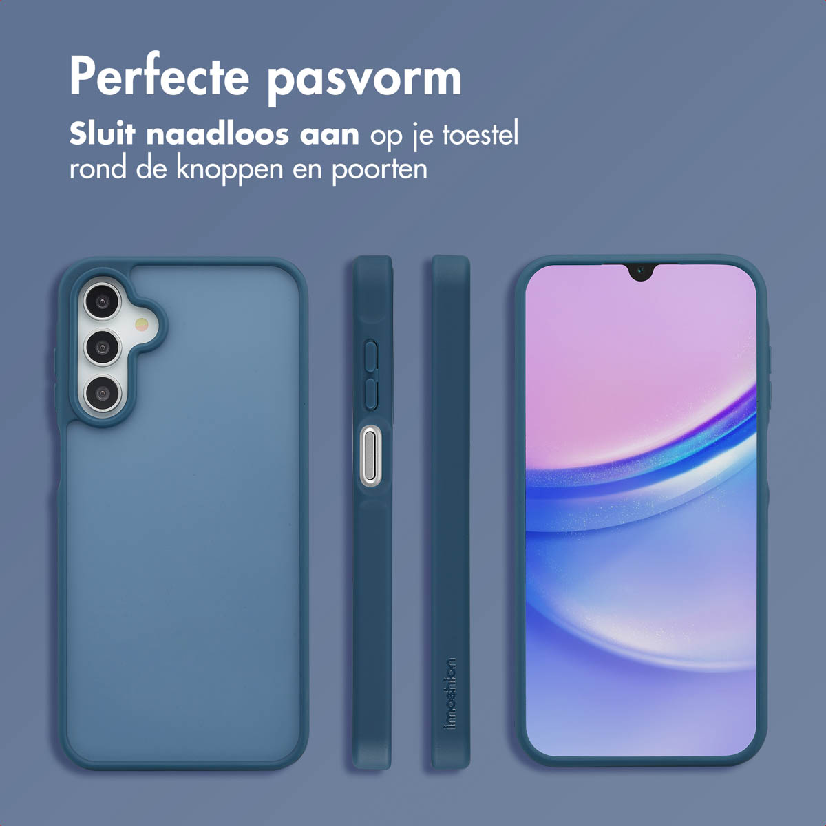 Blauw telefoonhoesje, een telefoon en een zijaanzicht met knoppen en poort.