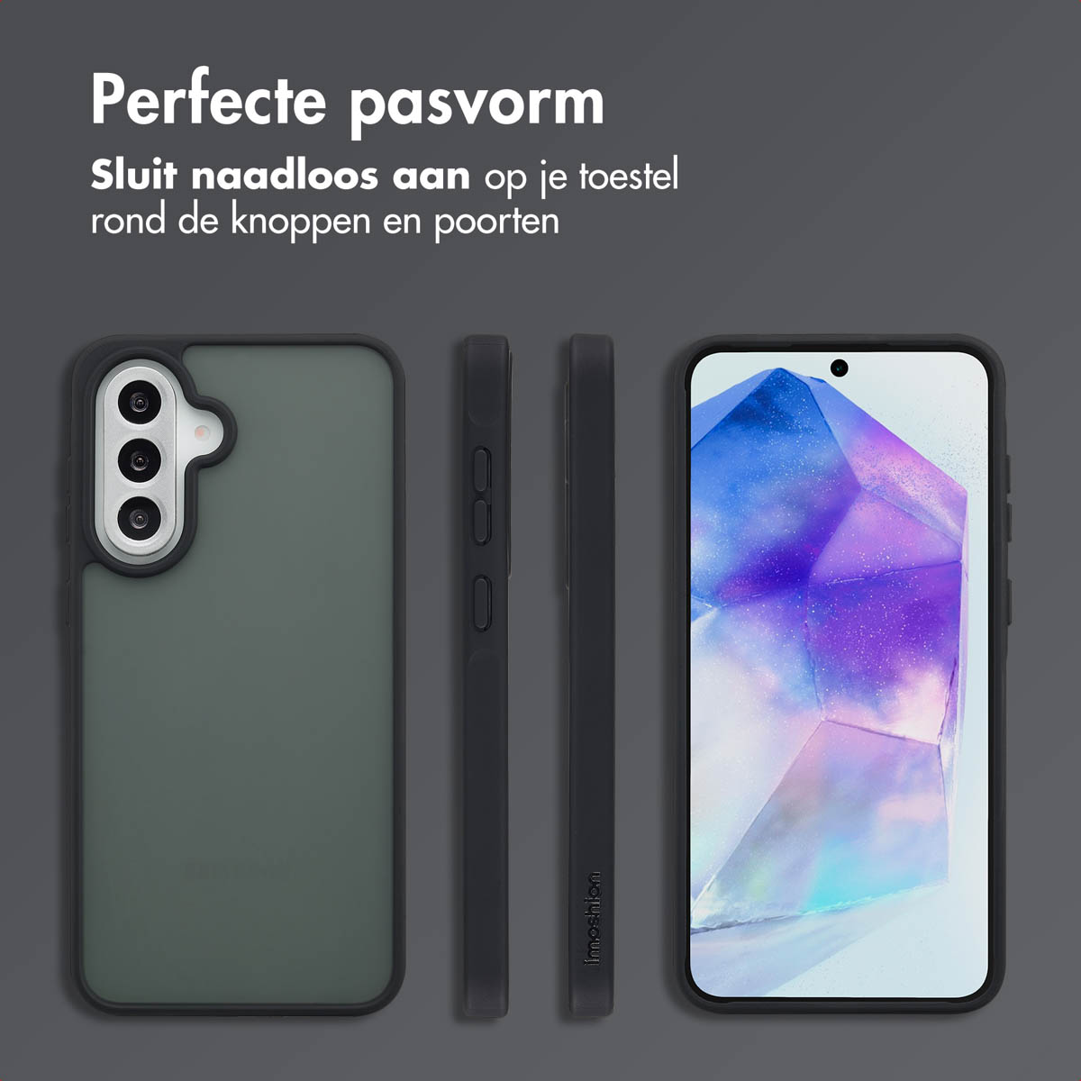 Telefoonhoesje met telefoon erin. Donkergrijze achtergrond. Perfecte pasvorm.