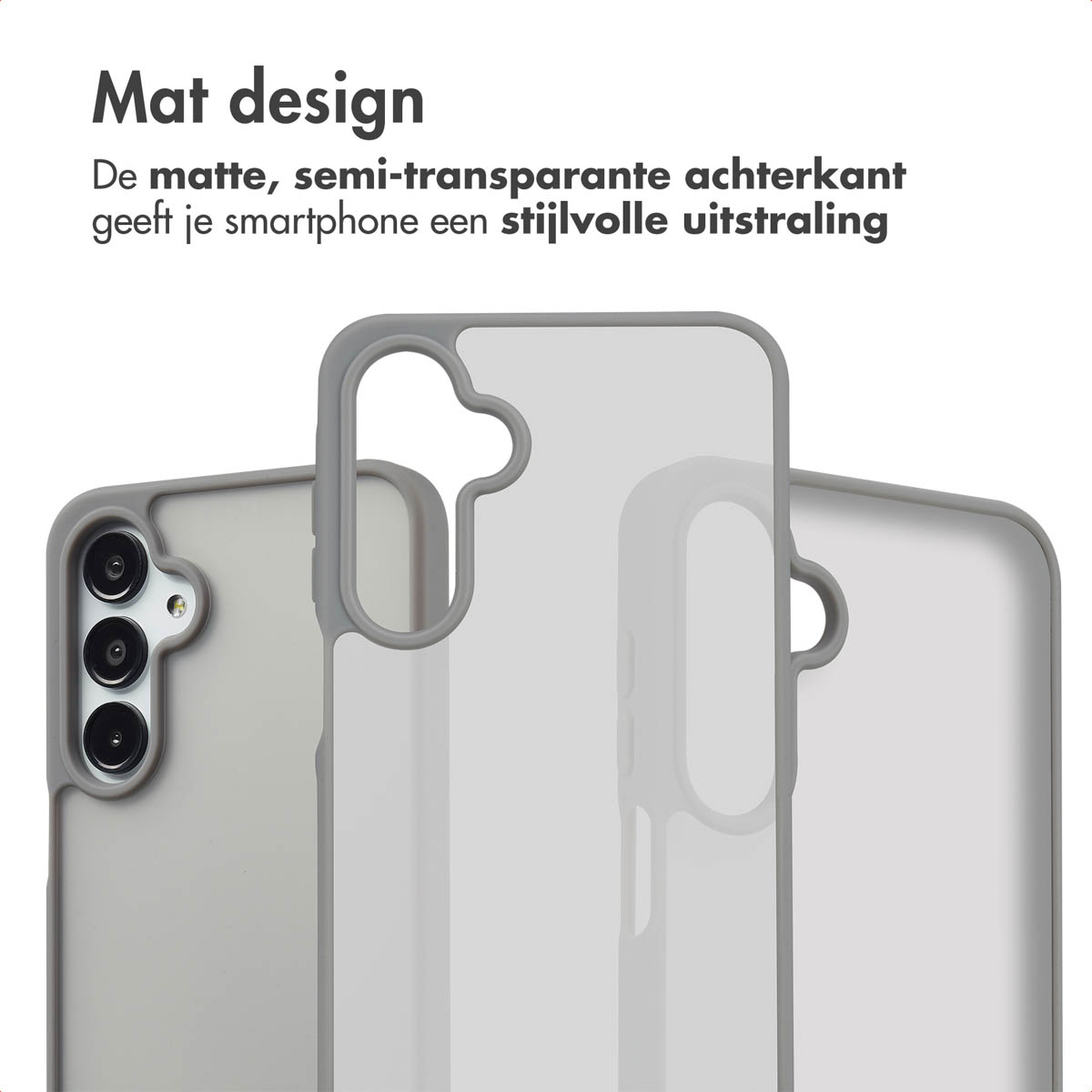 Grijze telefoonhoes met meerdere telefoons, die het ontwerp laten zien.