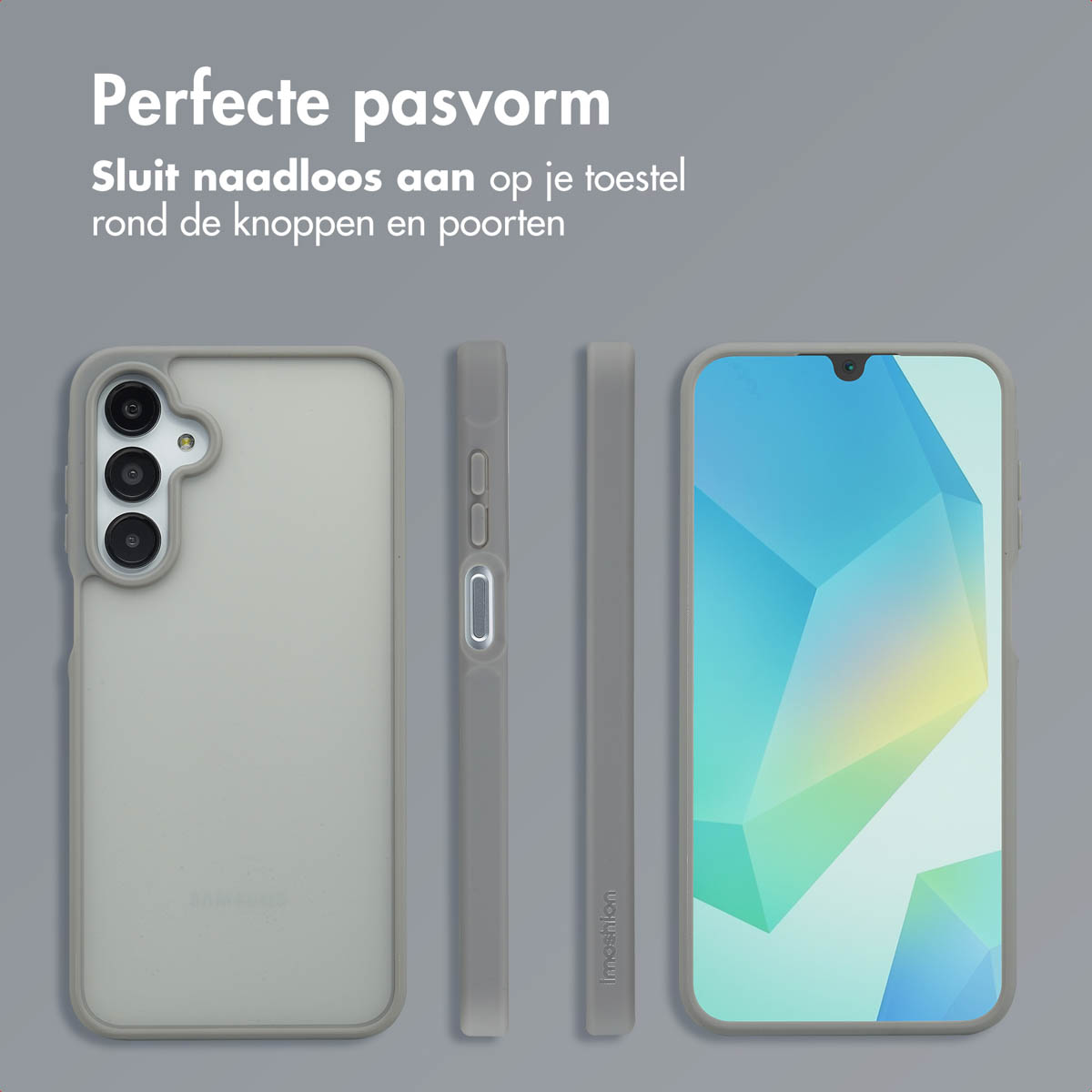 Grijs telefoonhoesje met telefoon, toont zijaanzichten.