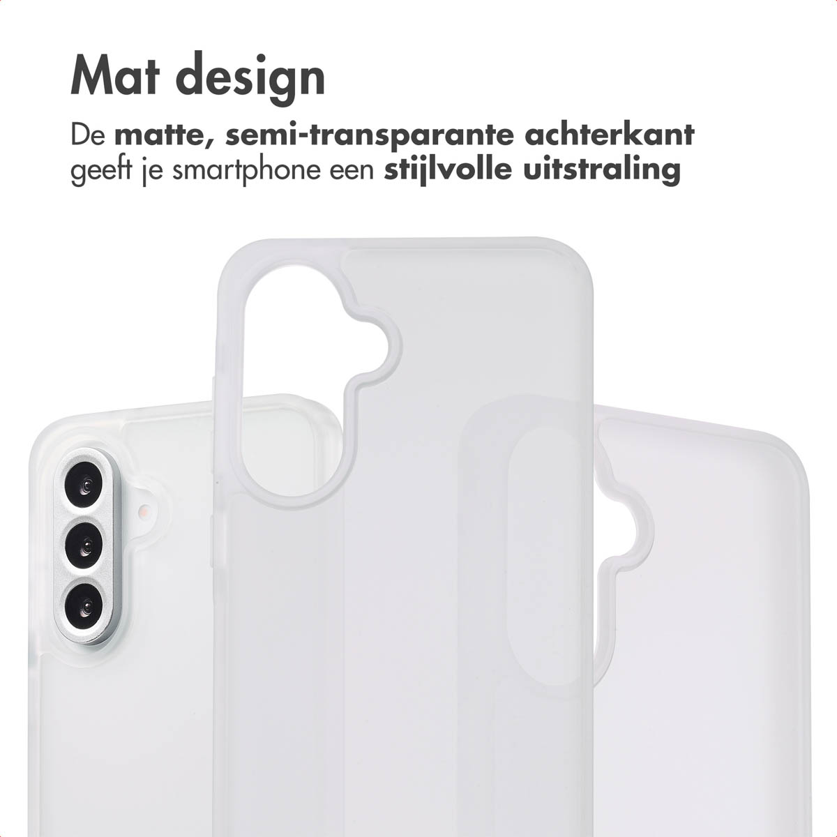 Trois coques de téléphone blanches. Texte : Design mat.