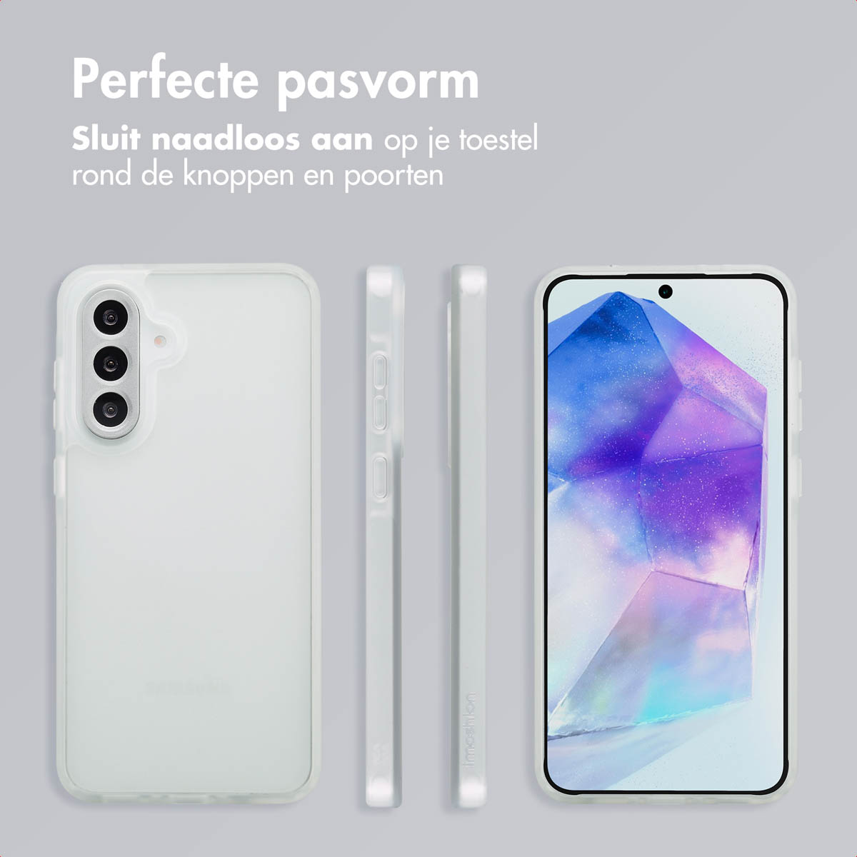 Coque de téléphone transparente. Téléphone dans l'étui vu sous plusieurs angles. Fond blanc. Ajustement parfait.