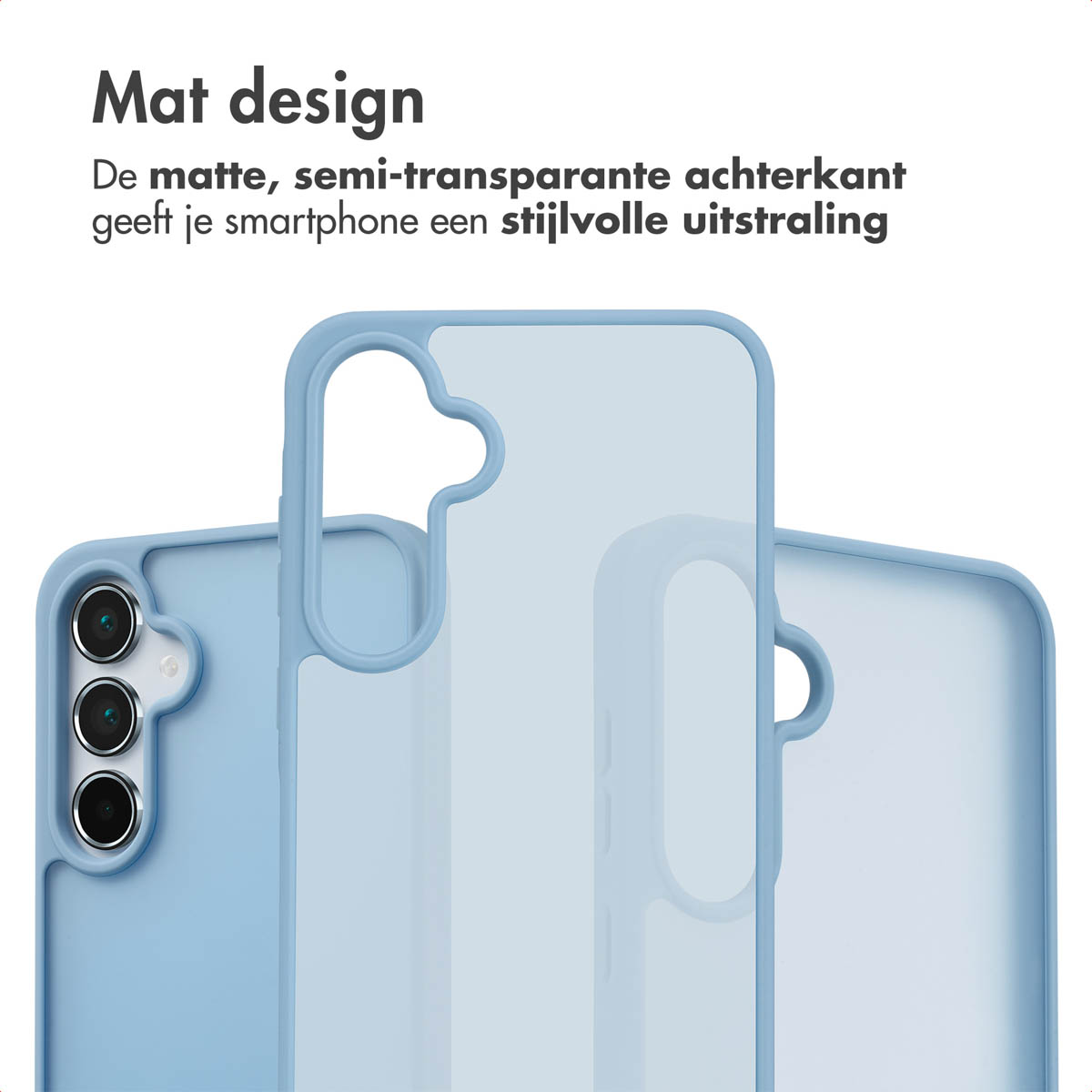 Lichtblauwe telefoonhoes met mat ontwerp. Tekst: Mat design (Mat ontwerp).