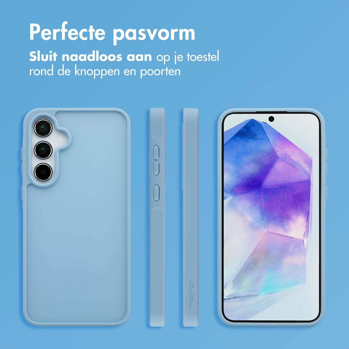 Blauw telefoonhoesje met een telefoon erin, zij aanzicht, en enkele hoeken.