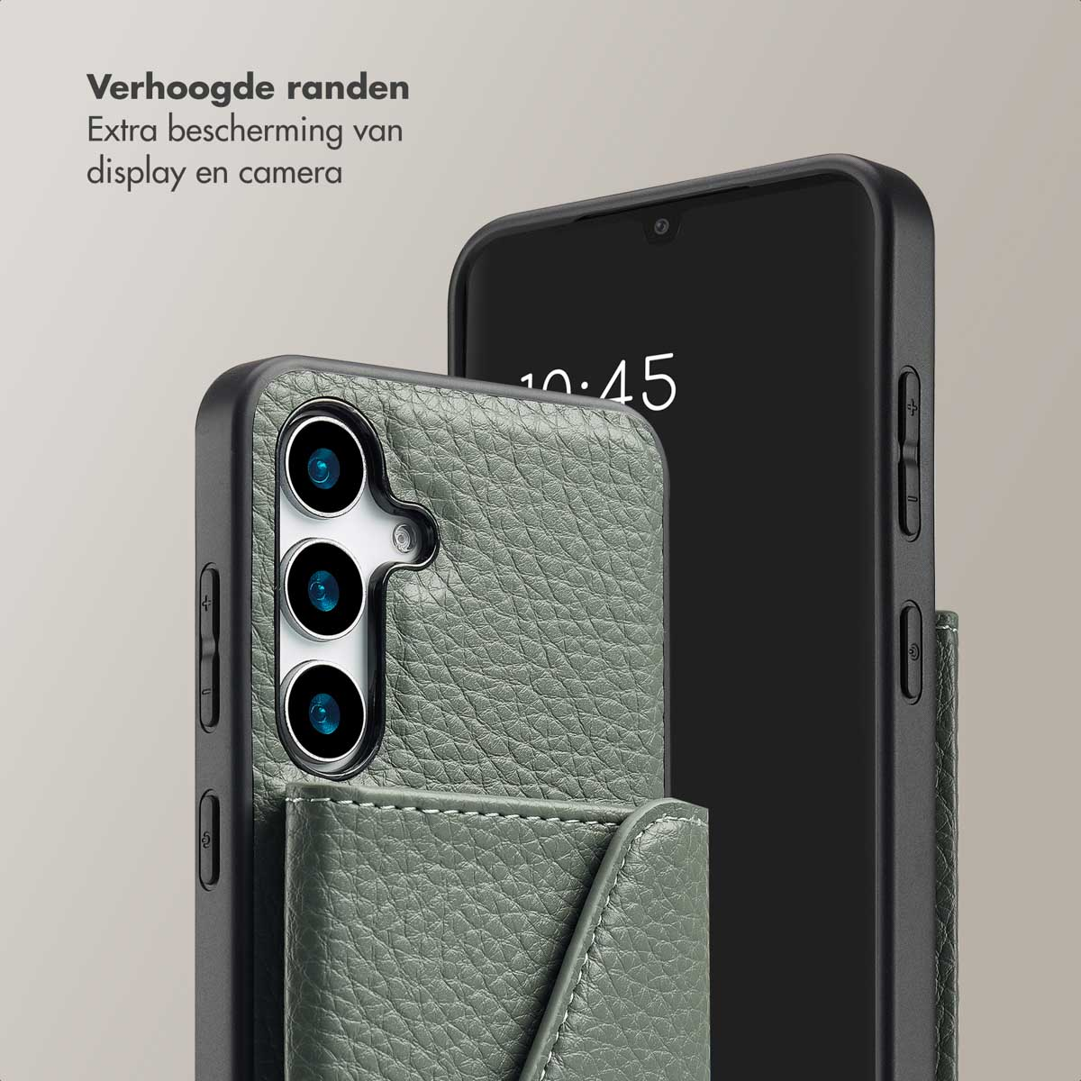 Telefoonhoesje met telefoon erin. Tekst: Verhoogde randen voor extra bescherming van display en camera.