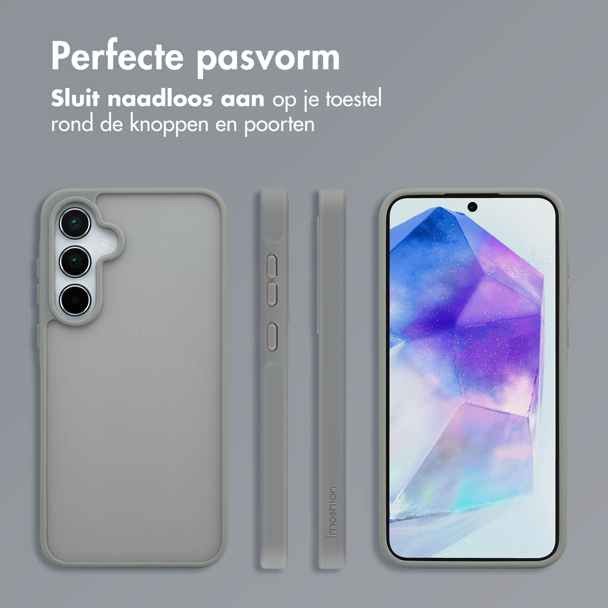 Coque de téléphone grise avec un téléphone à l'intérieur, montrant la vue latérale et plusieurs angles.