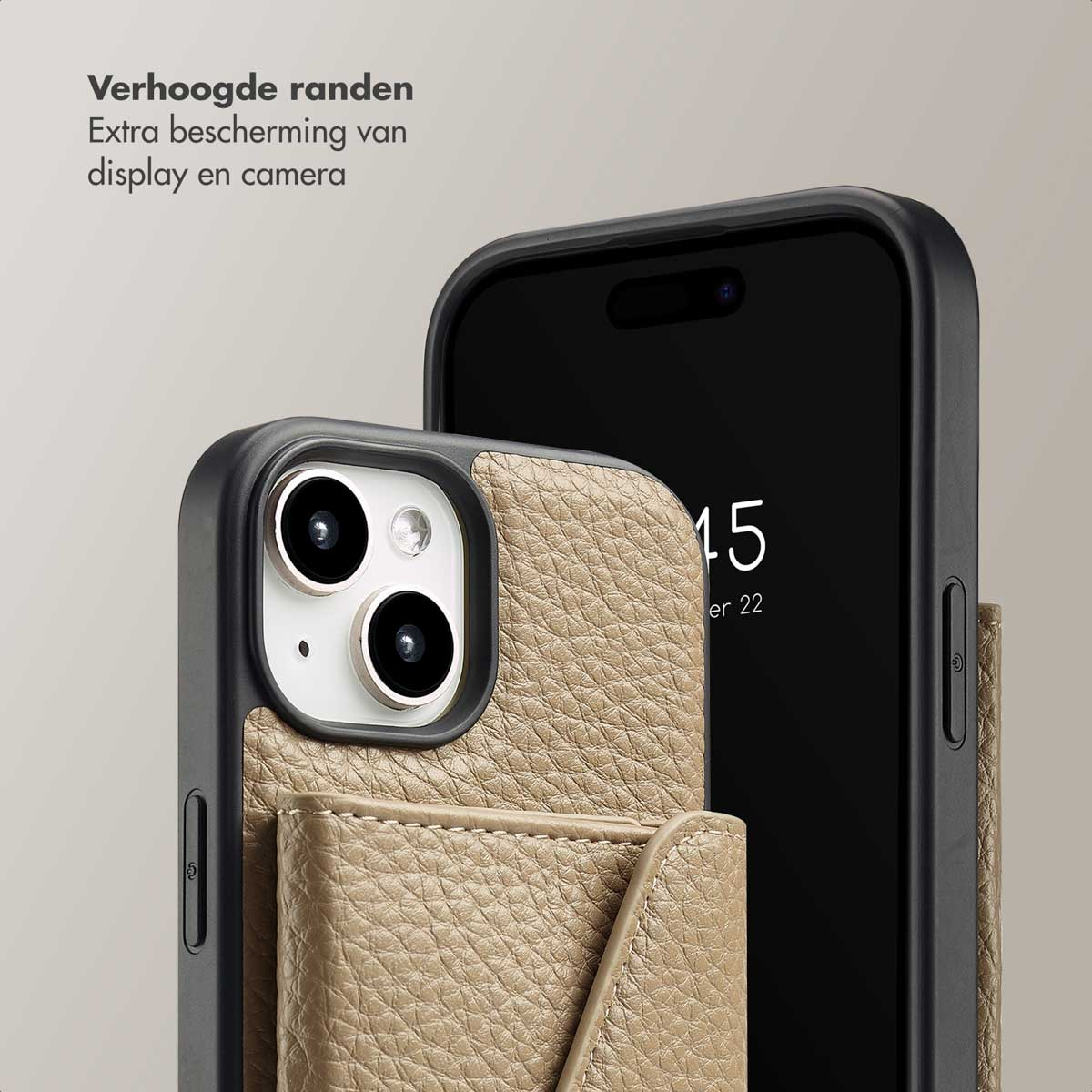 Close-up of a phone with a case and a cardholder, with text about protection.