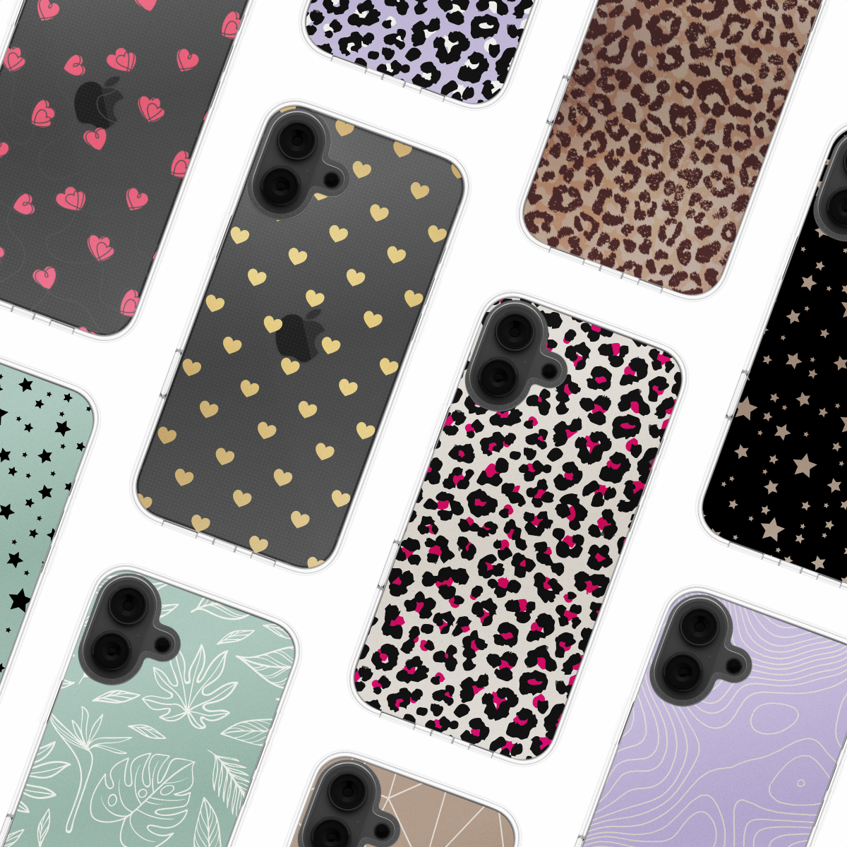 Ein Muster von Handyhüllen. Sie haben verschiedene Designs: Herzen, Leopard, Sterne und Blätter.