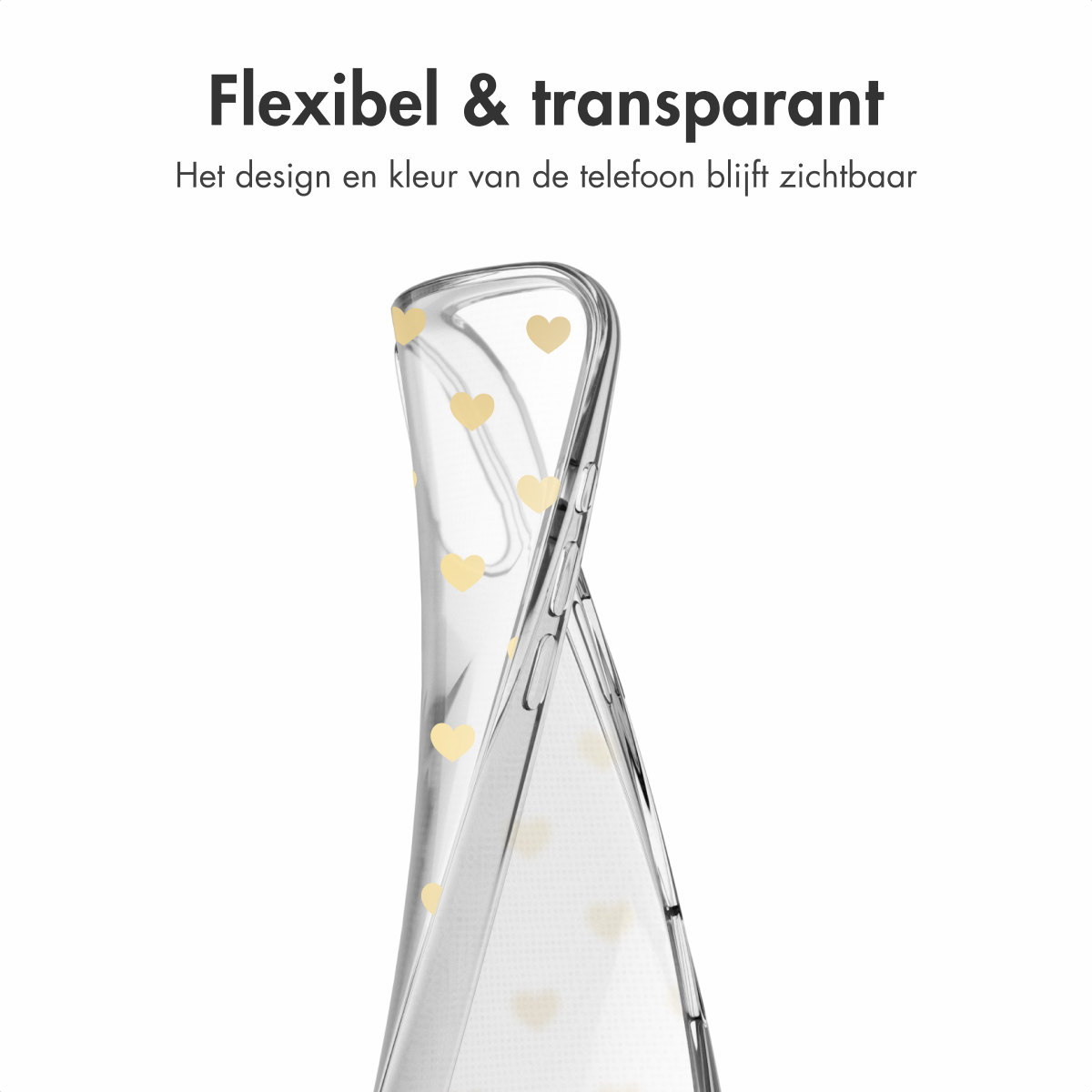 Eine transparente Handyhülle mit gelben Herzmustern. Text: Flexibel & transparent.