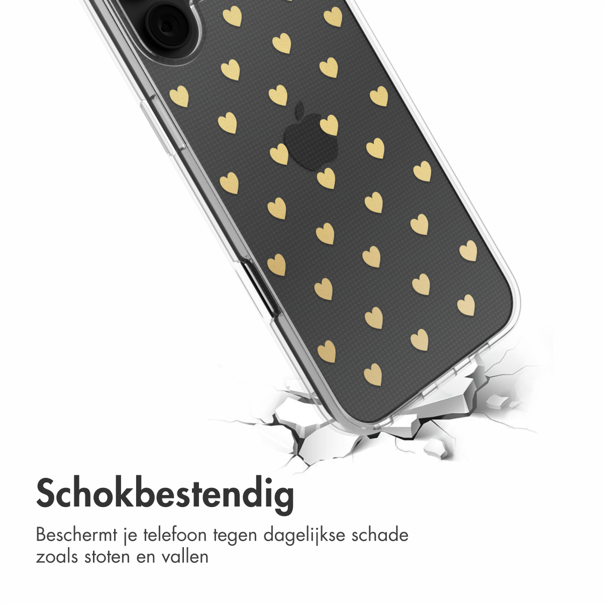 Handyhülle mit goldenen Herzen auf schwarzem Hintergrund. Die Hülle liegt auf einer rissigen Oberfläche.