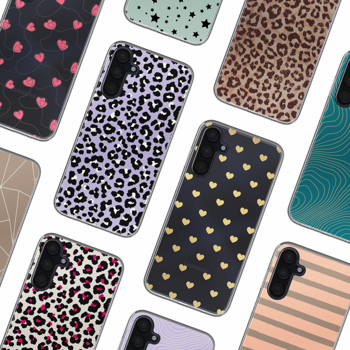 Étuis de téléphone assortis avec des motifs colorés. Sur fond blanc.