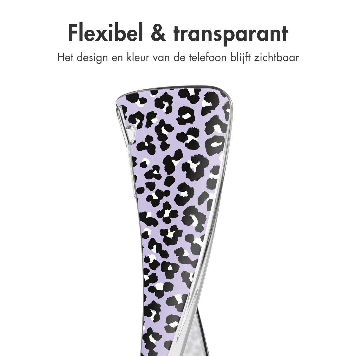 Coque de téléphone transparente avec imprimé léopard violet et noir. Texte : Flexibel & transparant.
