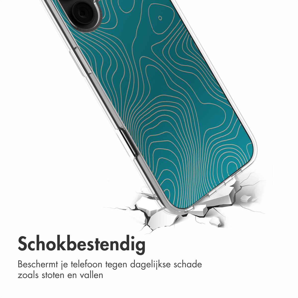 Een telefoon in een doorzichtige hoes met een topografisch patroon, in de buurt van een gebarsten oppervlak.