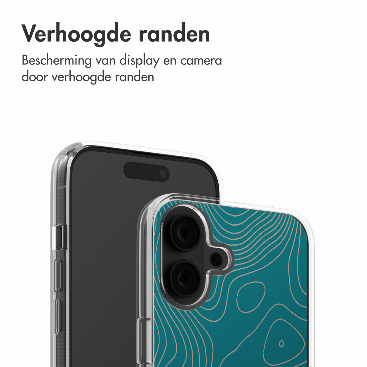 Een telefoon met een turquoise design in een transparante hoes. De hoes heeft opstaande randen voor scherm- en camerabescherming.