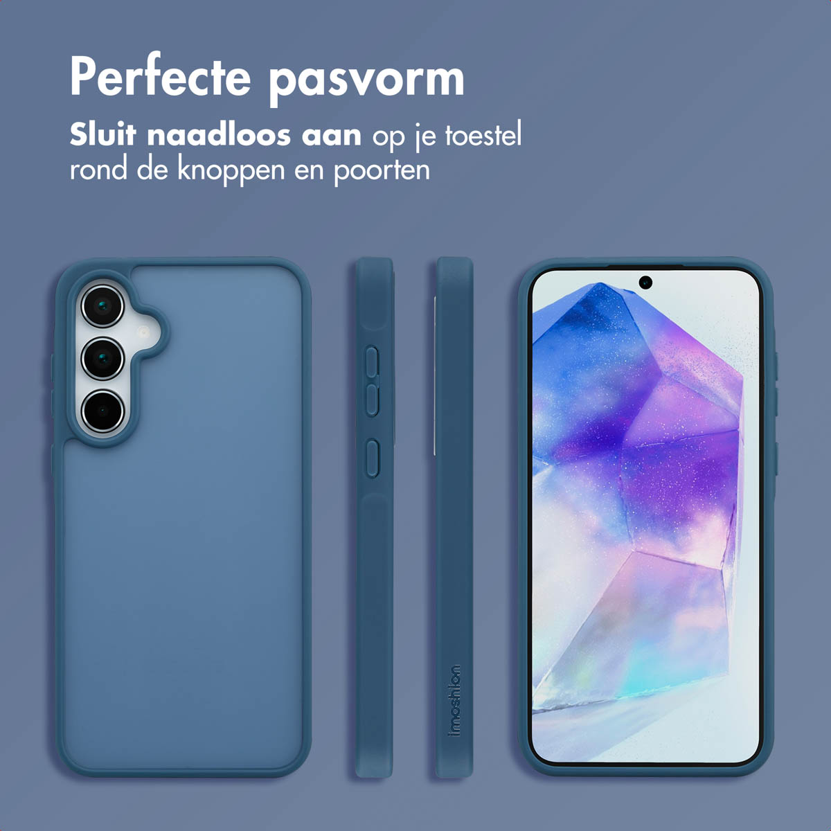 Blauwe telefoonhoes met telefoon. Tekst: Perfecte pasvorm. Sluit naadloos aan op je toestel rondom de knoppen en poorten.
