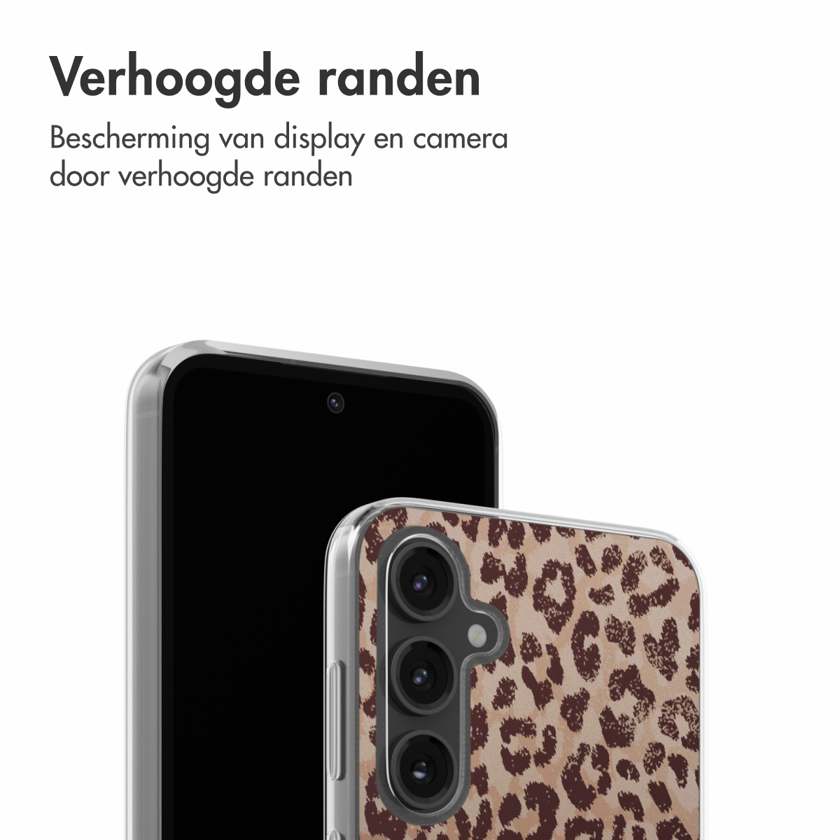 Telefoon met luipaardprint hoesje. De hoes heeft verhoogde randen. De telefoon staat naast een zwarte telefoon.