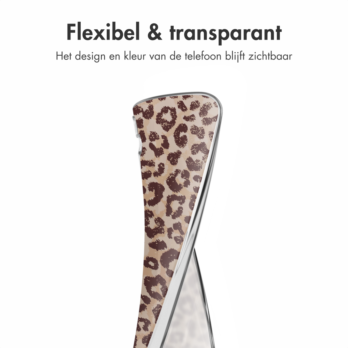 Transparante telefoonhoes met bruine en beige luipaardprint. Tekst: Flexibel & transparant.