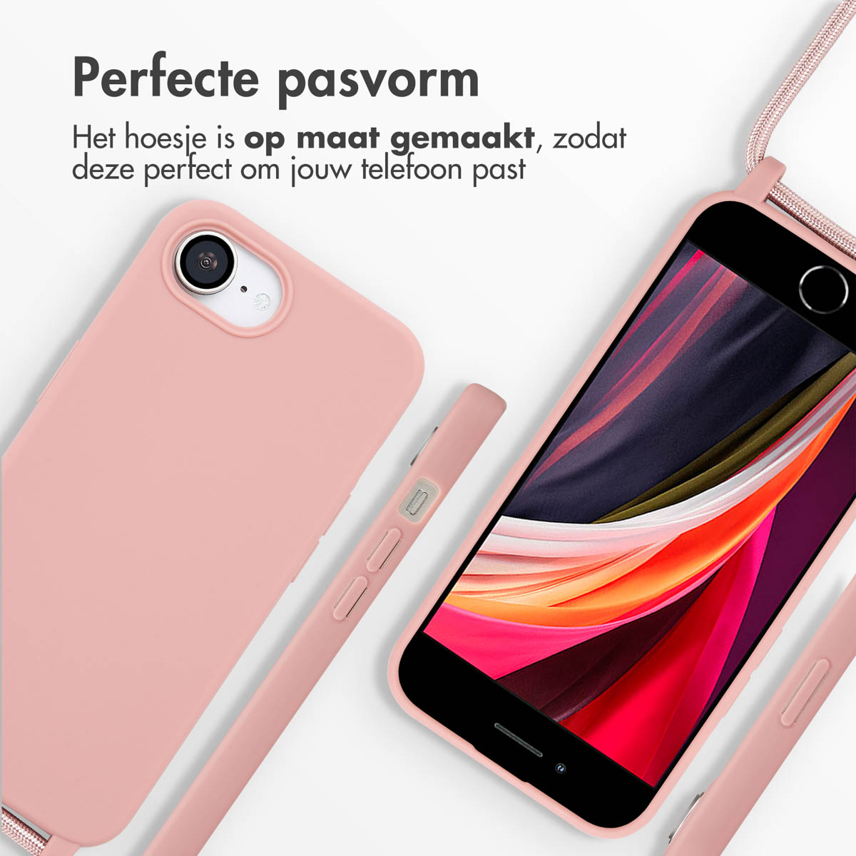 Coque de téléphone rose avec une sangle, placée à côté d'un téléphone et d'une autre coque.