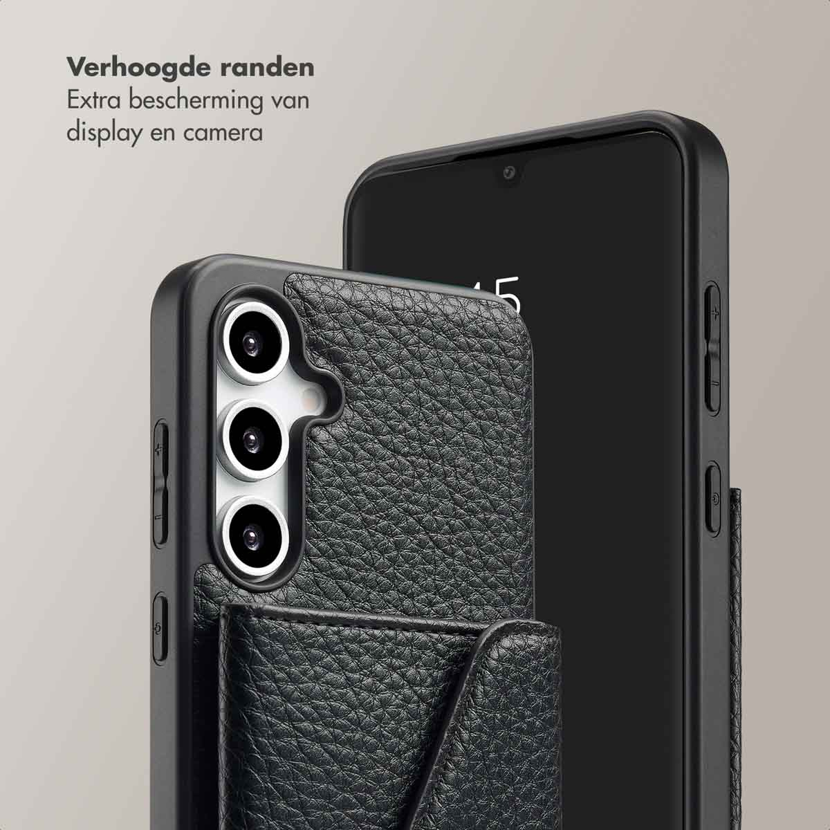 Custodia per telefono con telefono all'interno. Testo: Bordi rialzati per una protezione extra del display e della fotocamera.