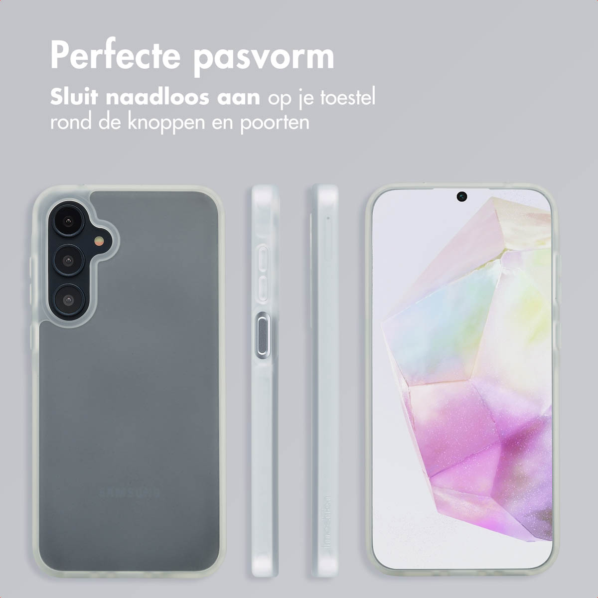 Drie weergaven van een telefoonhoesje op grijze achtergrond. Tekst: Perfecte pasvorm.