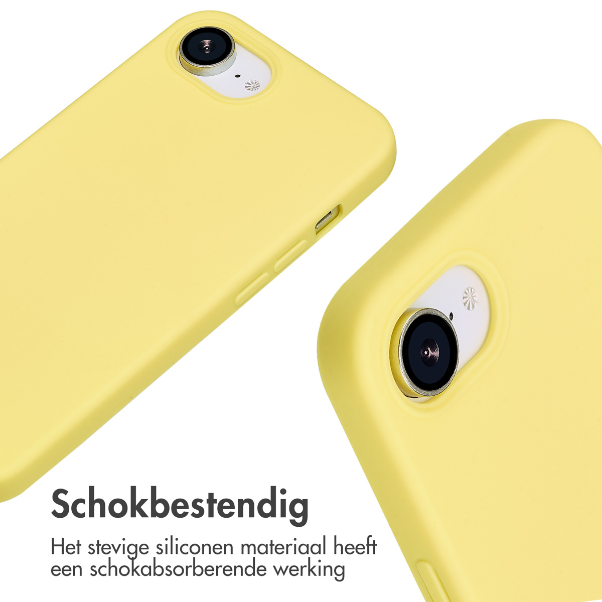 Twee gele telefoonhoesjes. Tekst: Schokbestendig. Siliconen materiaal heeft schokabsorberende eigenschappen.