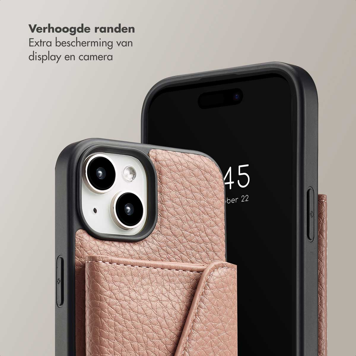 Close-up of a black phone case with a pink leather pocket. A phone is visible, screen facing out.