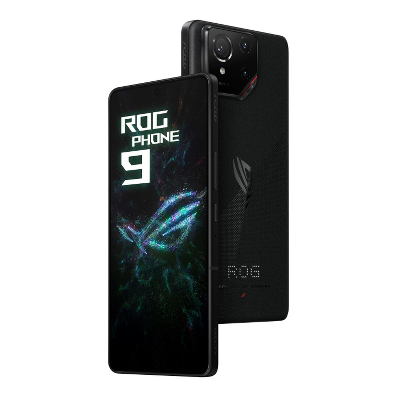 Dwa czarne smartfony ROG Phone 9, jeden wyświetlający ekran, drugi tył z logo ROG.