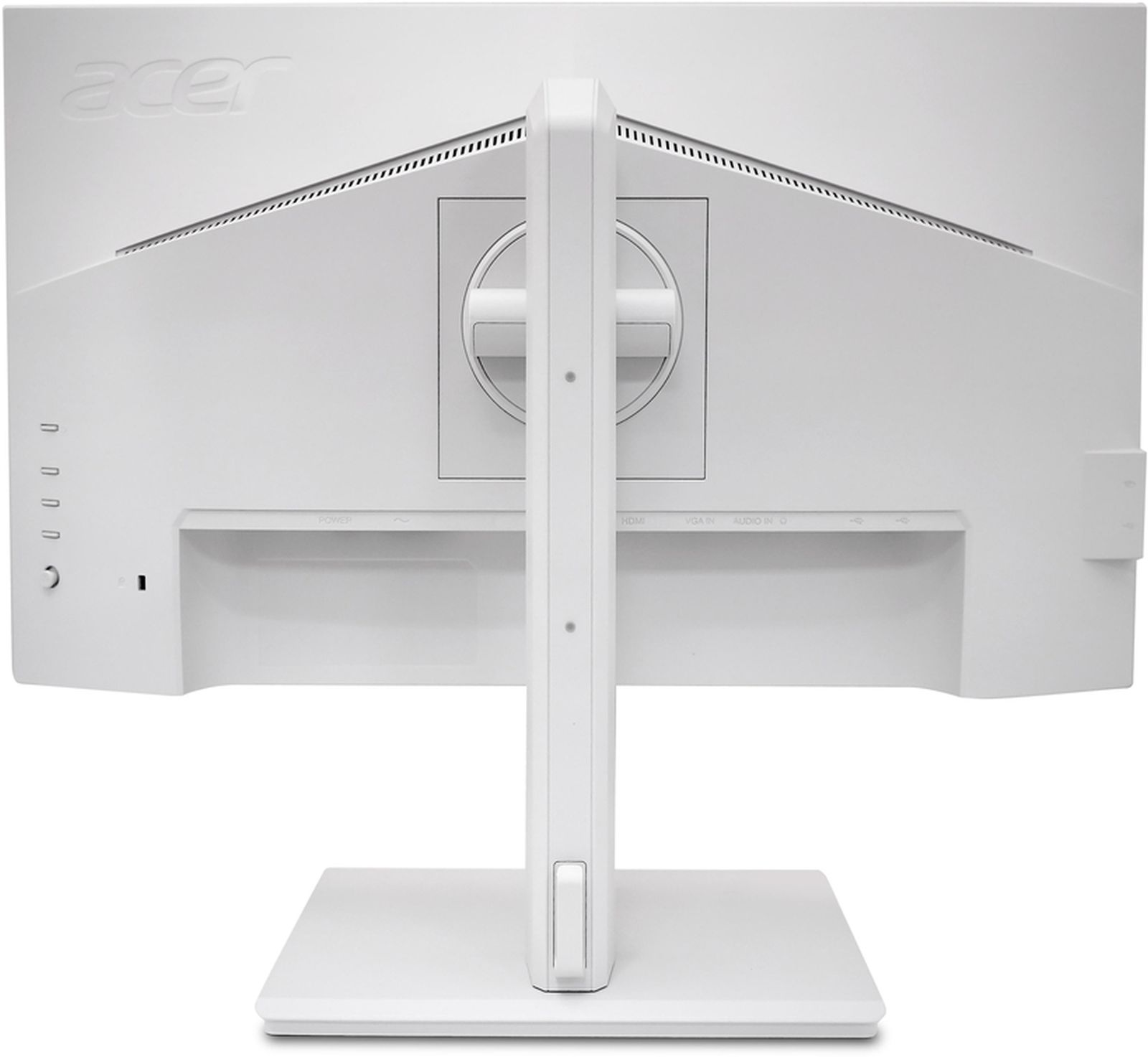 Rückseite des weißen Computermonitors. Der Monitor hat Anschlüsse und einen Ständer.