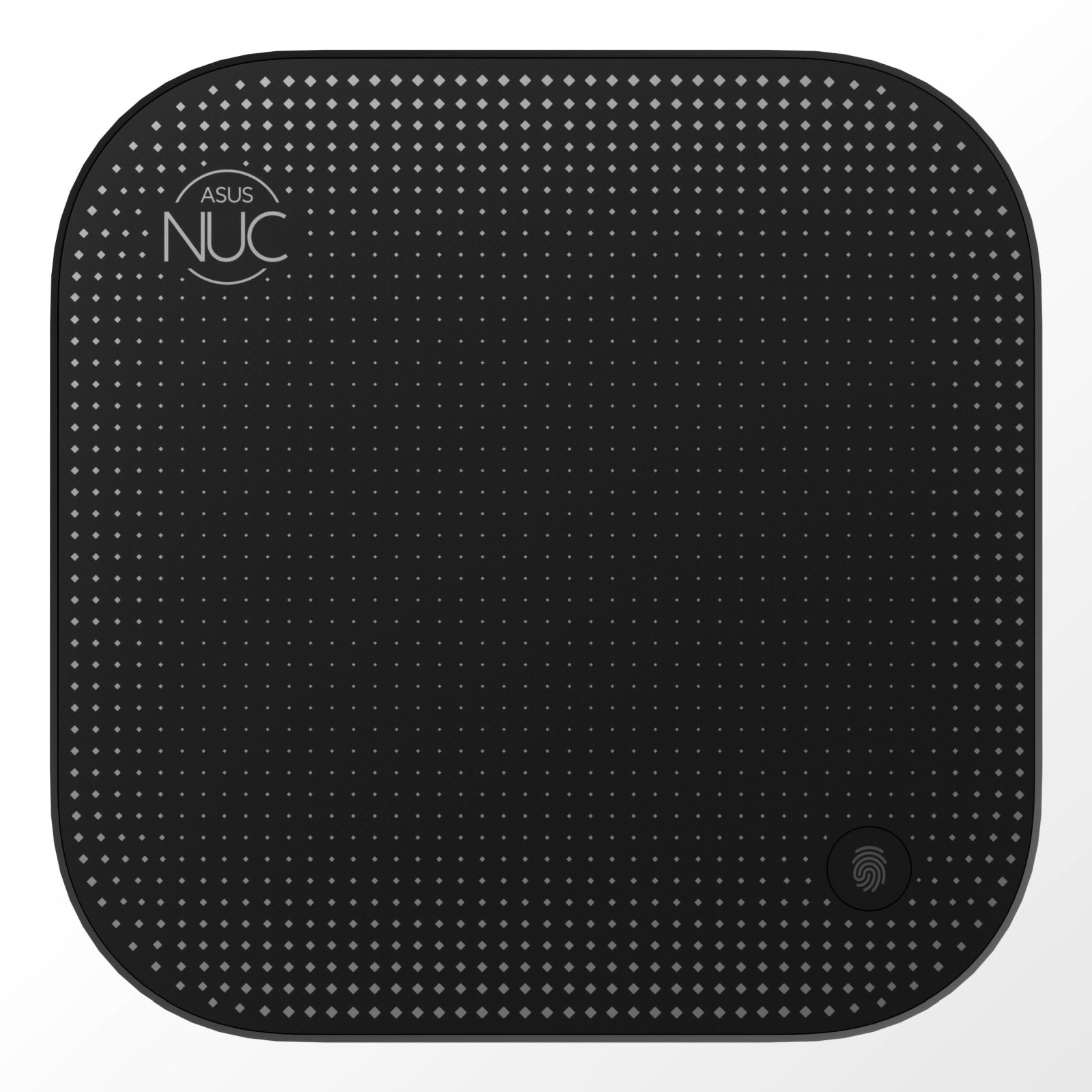 ASUS NUC negro con patrón de puntos, sensor de huellas dactilares y logotipo sobre fondo blanco.