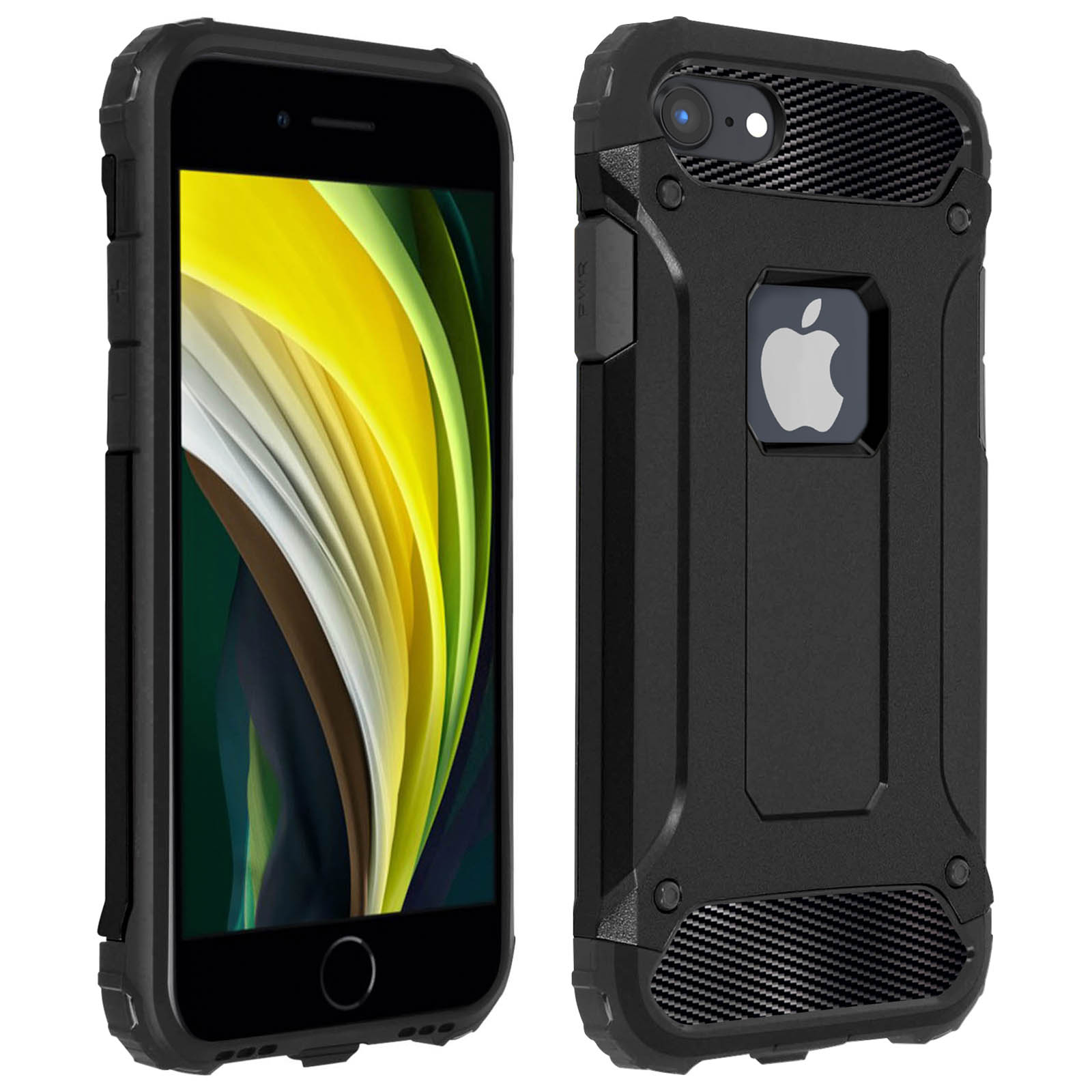 iPhone SE nero in una custodia nera robusta, che mostra lo schermo e il retro della custodia.