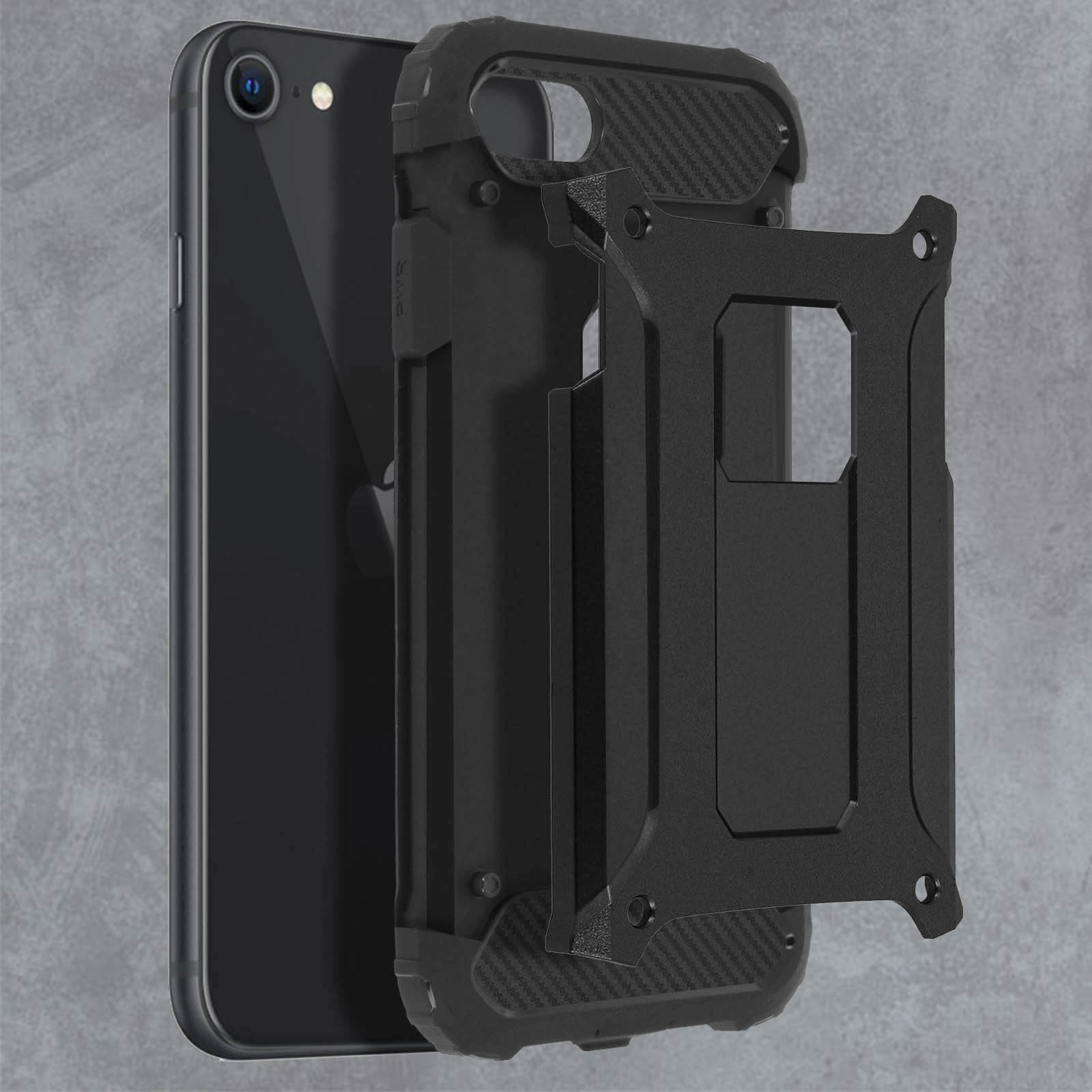 Una custodia nera per telefono con un telefono all'interno, fissata a una piastra metallica nera con viti.
