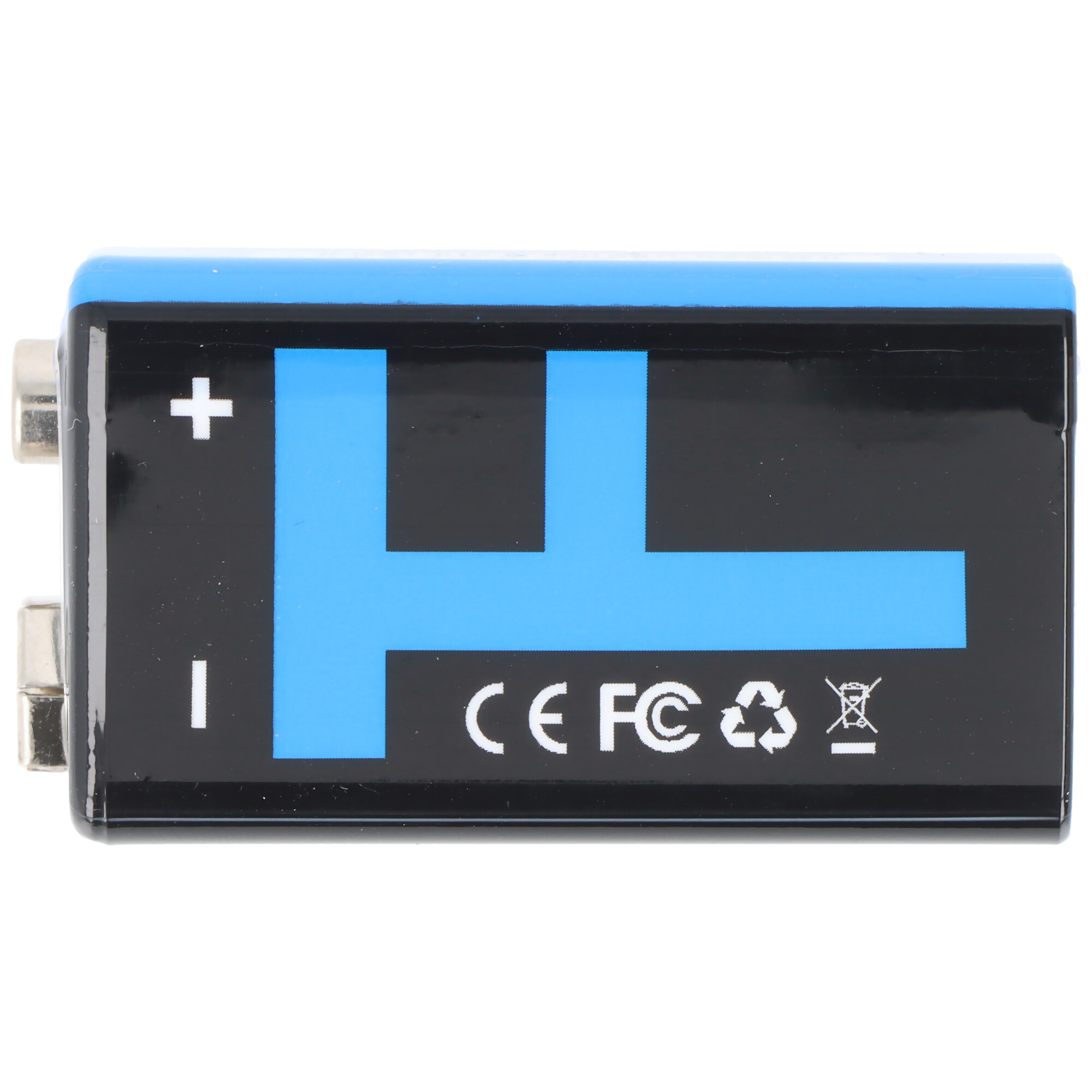 Een zwart-blauwe batterij met witte plus- en mintekens en een blauwe H-vorm.