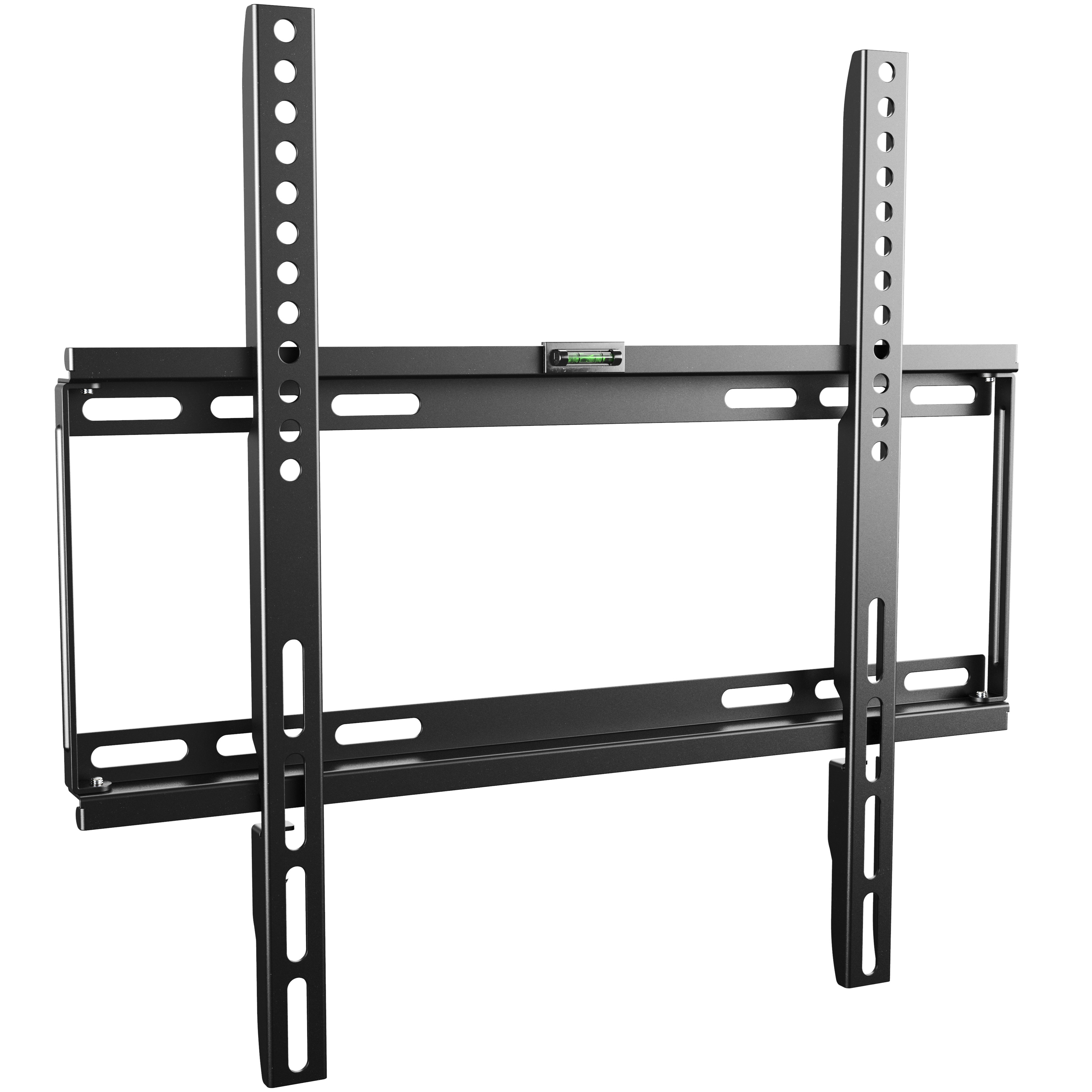 Eine schwarze TV-Halterung aus Metall mit Befestigungslöchern und einer Wasserwaage.