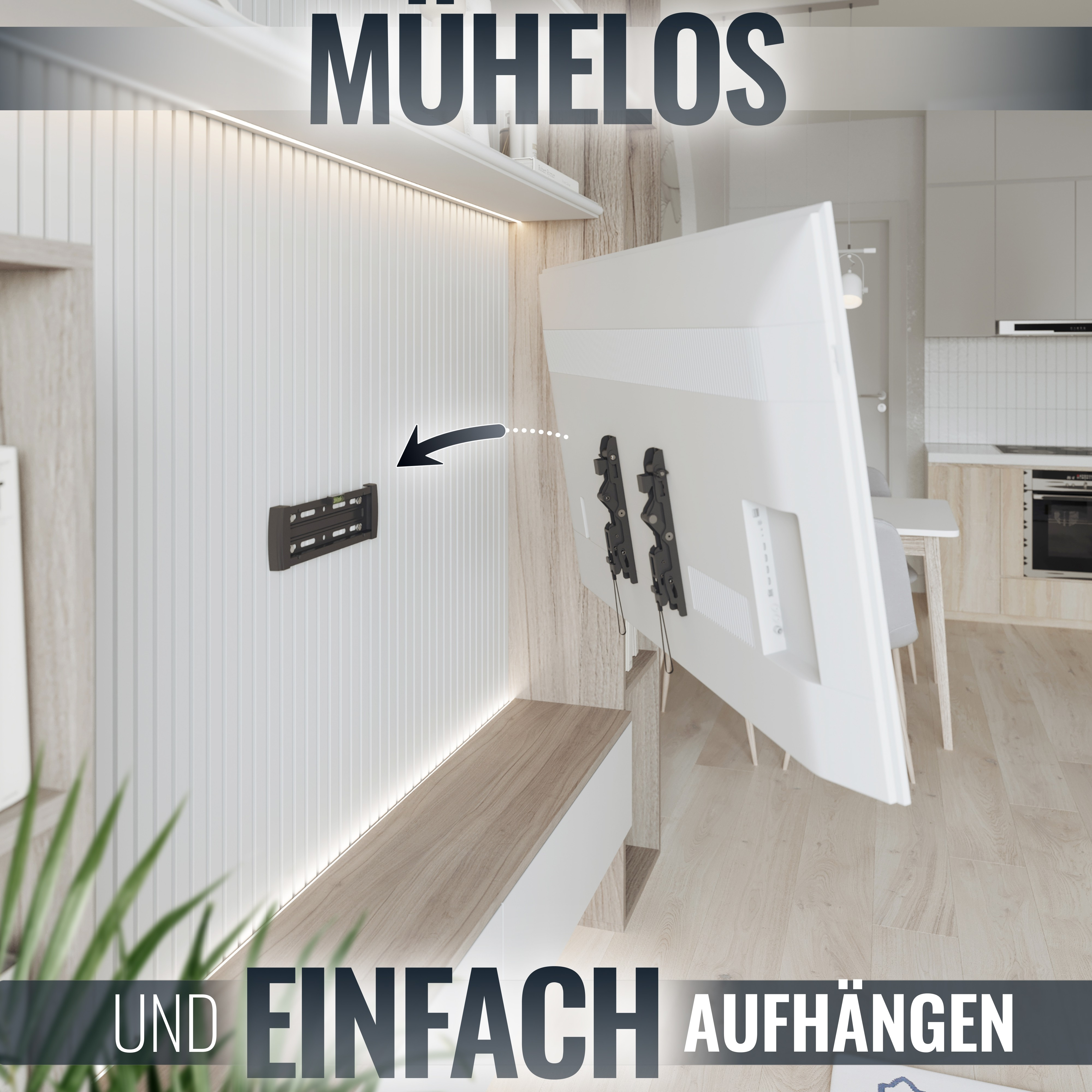 Eine Wand mit montiertem Fernseher. Anweisungen weisen auf eine einfache Montage hin.