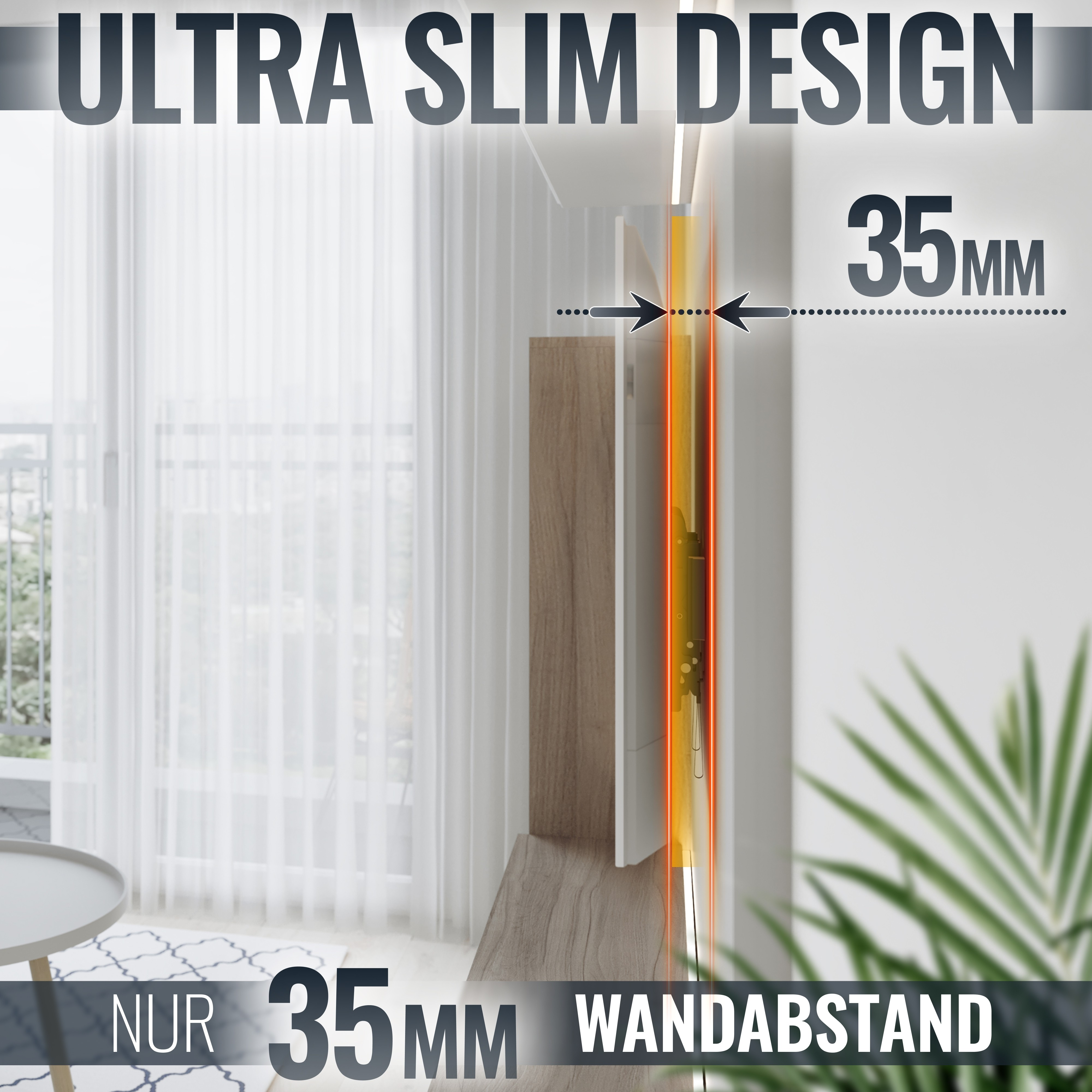 Eine Wandmontage, die das ultradünne Design mit Messungen in Millimetern zeigt.