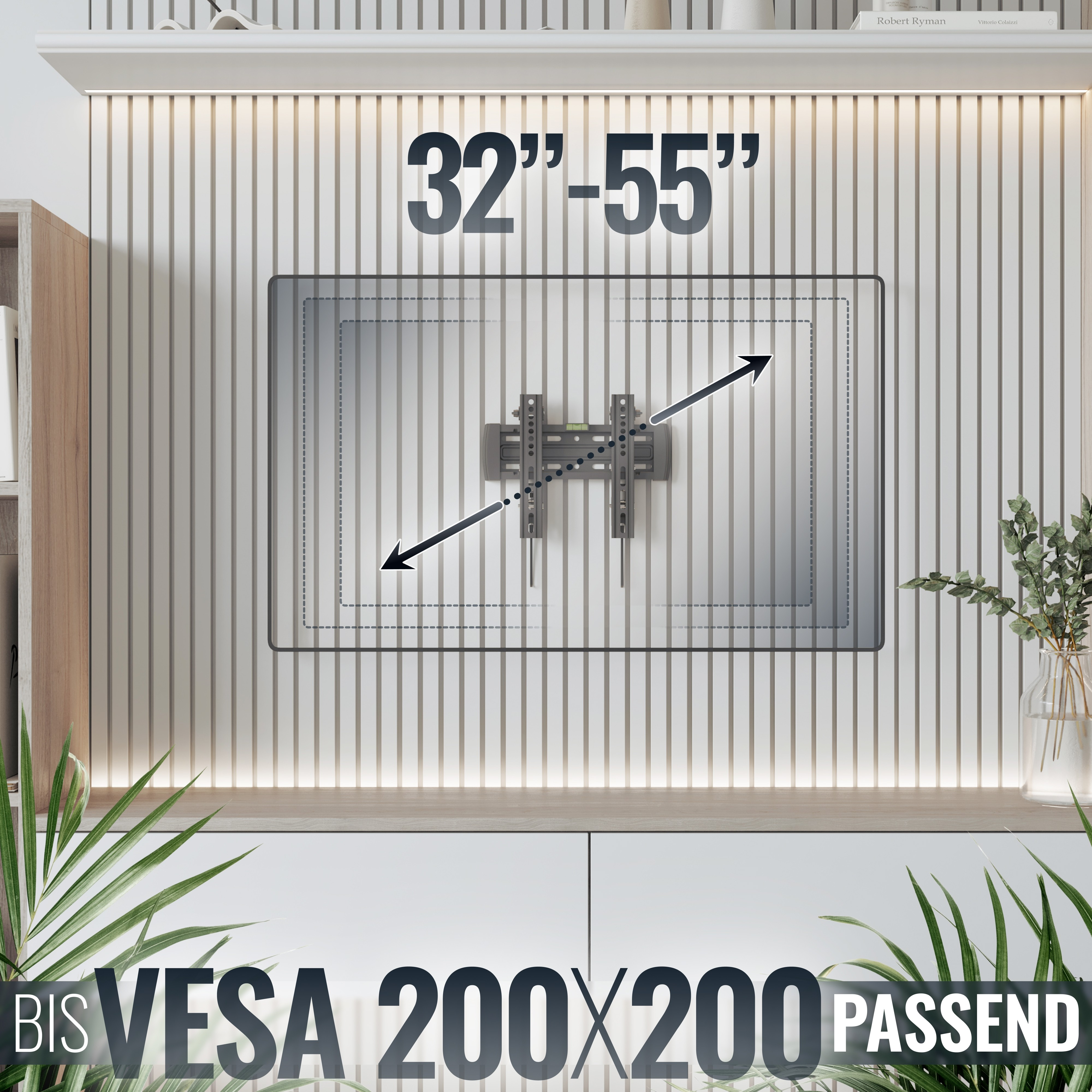 Ein Fernseher an der Wand mit den Maßen 32-55 Zoll und einem VESA 200x200 Zeichen.