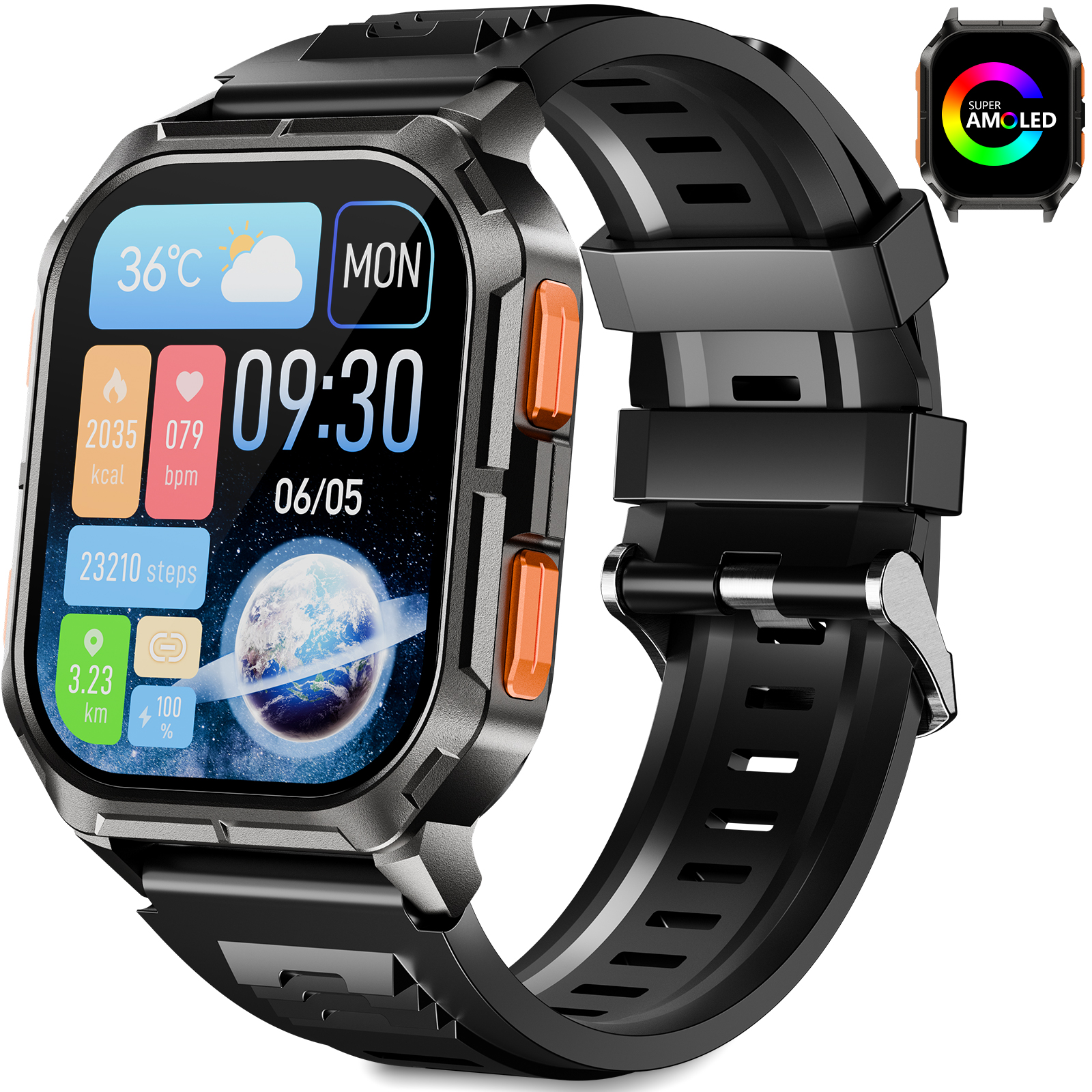 Smartwatch mit digitaler Anzeige von Zeit, Gesundheitsdaten uvm.