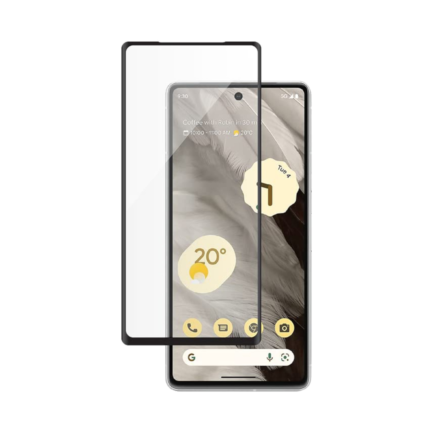 Smartphone mit Displayschutz. Der Bildschirm zeigt Zeit, ein Wettersymbol und App-Symbole.