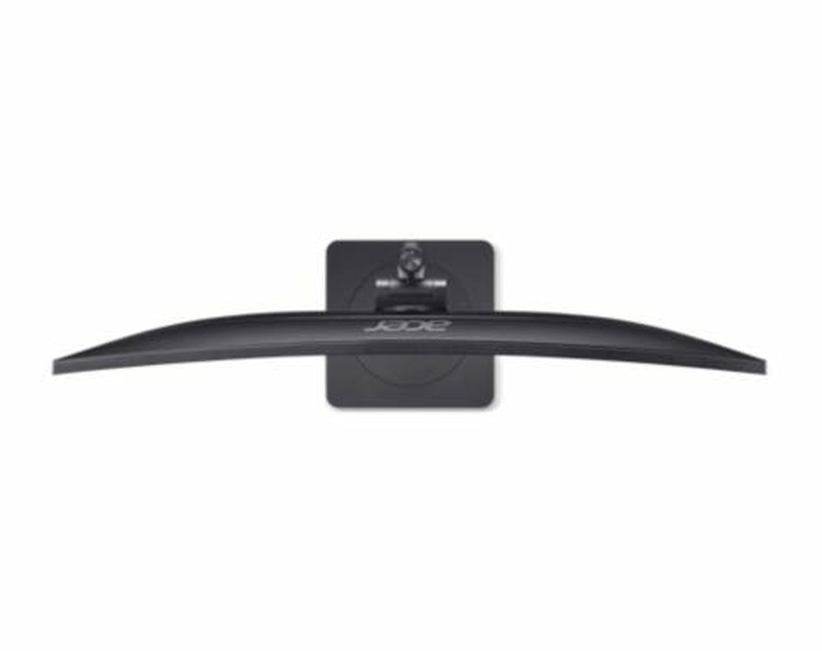 Widok z góry zakrzywionego czarnego monitora, marki Acer. Stojak jest kwadratowy i czarny.