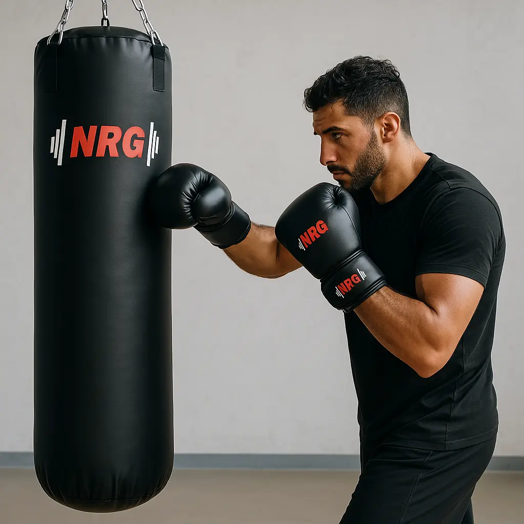 Ein Mann mit schwarzen Handschuhen boxt einen Boxsack. Er trägt ein schwarzes Hemd. Die Tasche hat ein Logo.