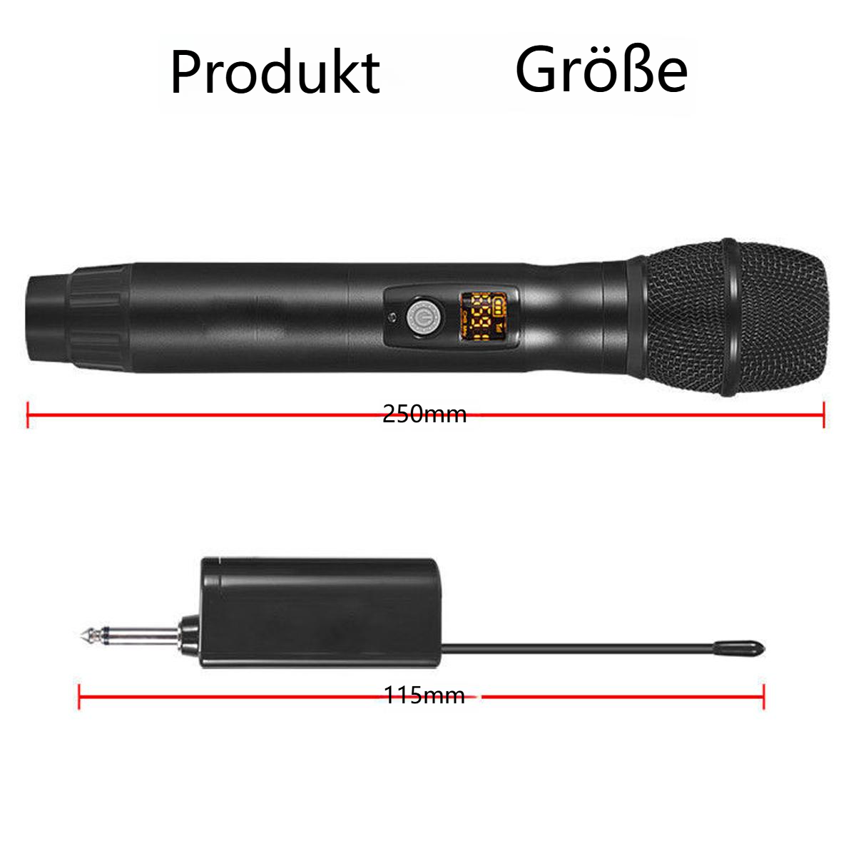 Ein schwarzes Mikrofon und ein Empfänger mit in mm beschrifteten Abmessungen, Produkt- und Größentext.